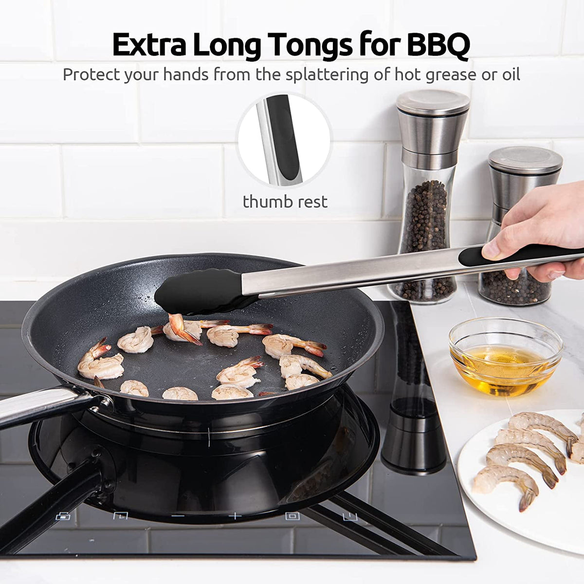 U-Taste Kitchen Tong for Cooking, 480ºF Heat-Resistant Silicone Tips, Extra Long Large Food Tong for Outdoor BBQ Grilling Grabbing, 16in, Black