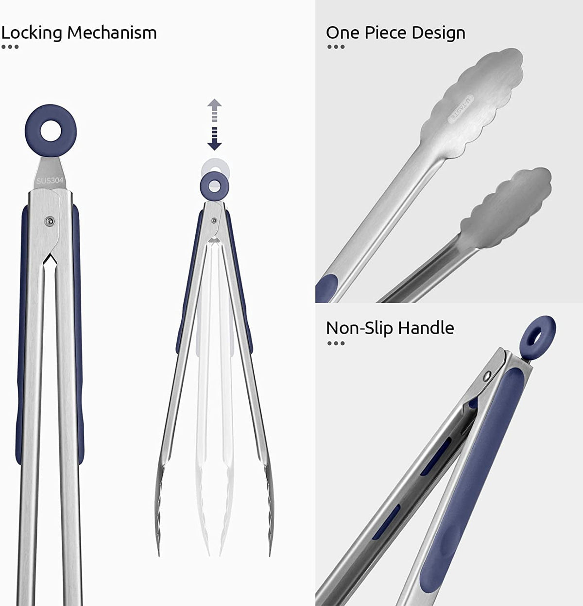 U-Taste 18/8 Stainless Steel Kitchen Tong for Cooking, Long Large Metal Tong for Serving Food Grilling BBQ, Non Slip Silicone Handle, 12in, Navy Blue