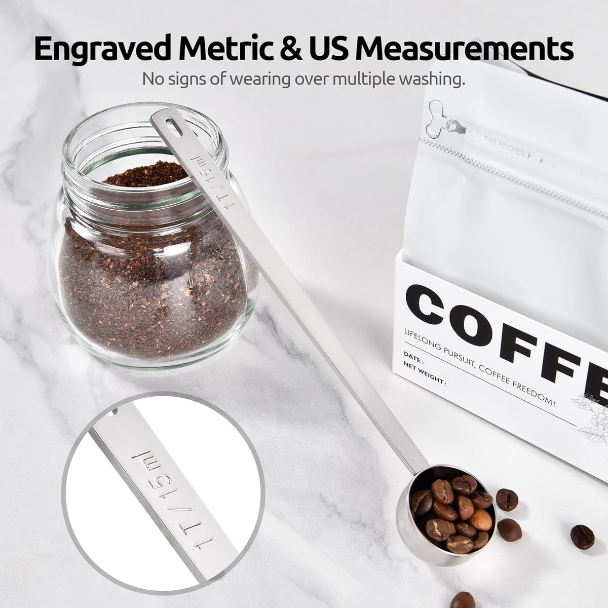 U-Taste Coffee Scoop 1 Tablespoon: 18/8 Stainless Steel Measuring Scooper for Ground Coffee Bean Espresso, 6.9in Extra Long Handle Metal Meaure Spoon