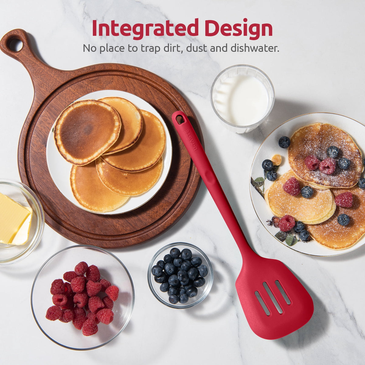 600°F Heat Resistant Slotted Turner: U-Taste 13.6in Silicone Kitchen Spatula Flipper, 3.85in Wide BPA Free Flexible Thin Rubber Cooking Utensil for Egg, Pancake, Cookie in Nonstick Cookware (Red)