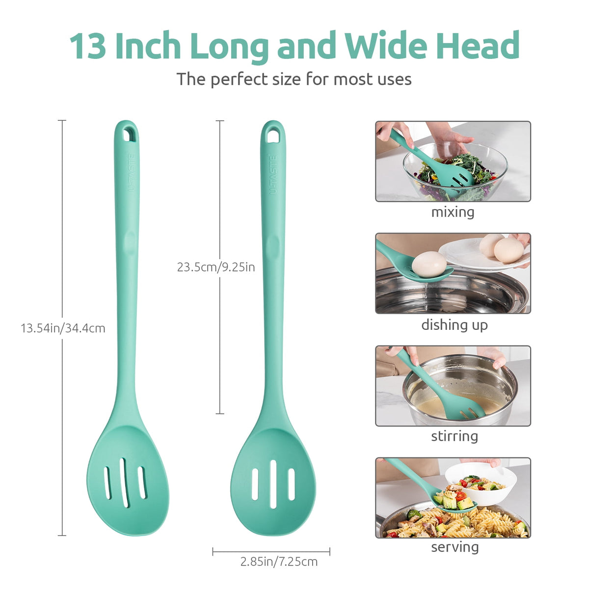 U-Taste 600°F Heat Resistant Silicone Slotted Spoon, 13.3in Long Large Cooking Spoon, Rubber Kitchen Utensil for Mixing/Stirring/Basting, Aqua Sky