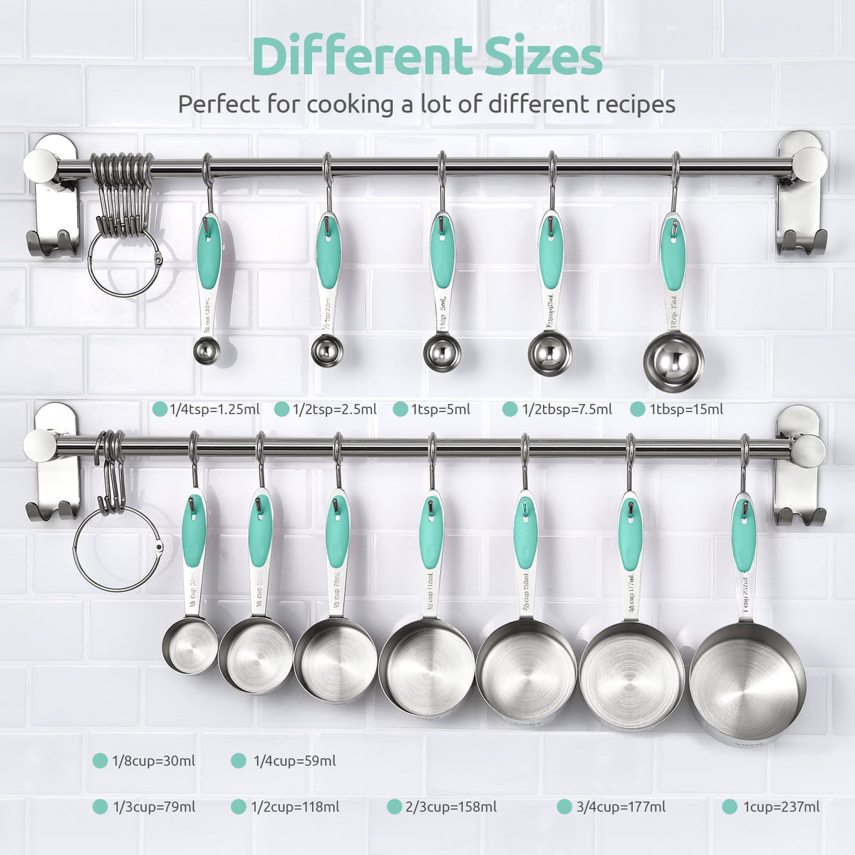 U-Taste 18/8 Stainless Steel Measuring Cups and Spoons Set, Metal Stacking Measure Set for Baking Cooking, Reinforced Welded Joints, 12Pcs, Aqua Sky