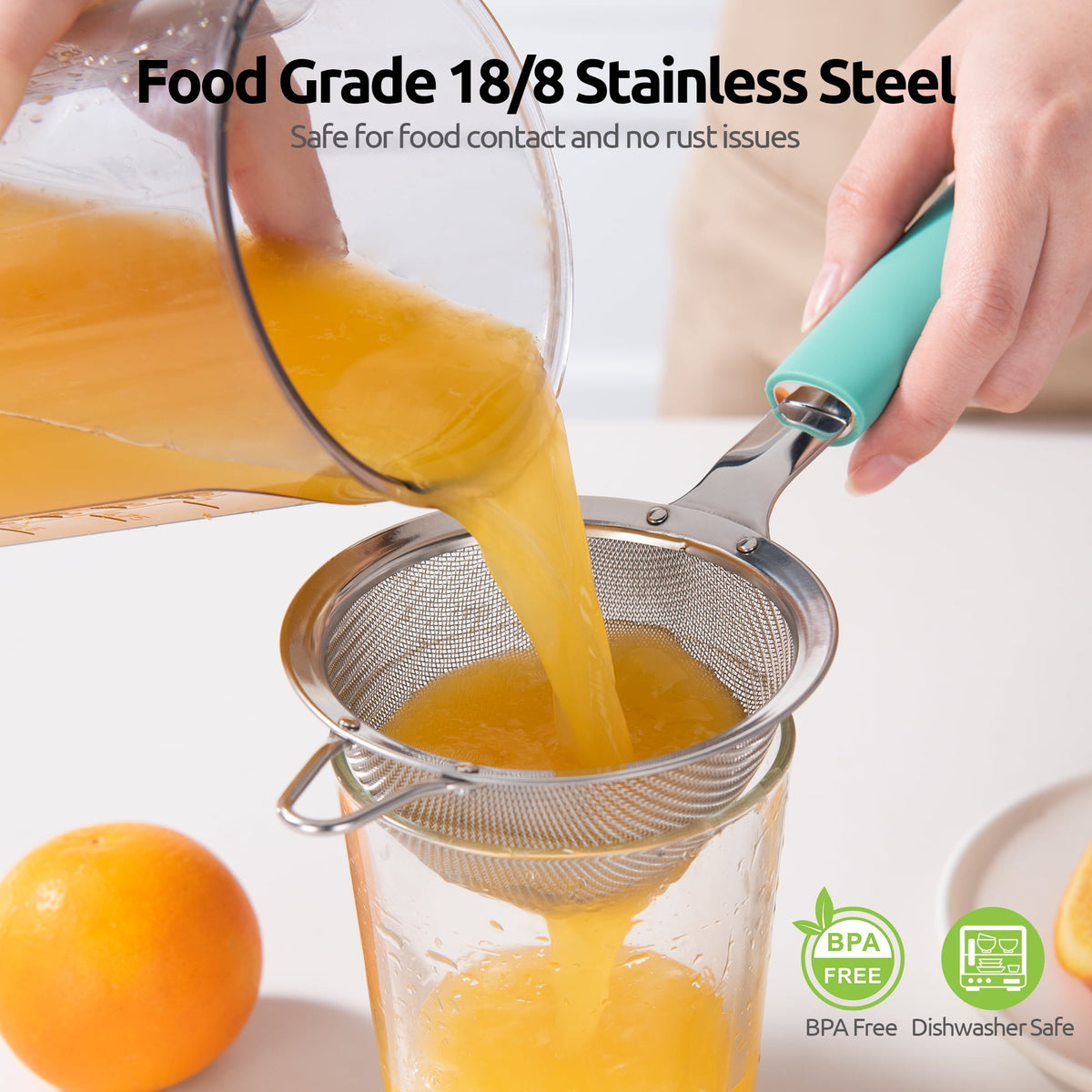 U-Taste 18/8 Stainless Steel Mesh Strainer, 30 Mesh Fine Sieve Food Strainer, Kitchen Colander for Straining Quinoa/Flour/Pasta/Fruit, 3.9in, Aqua Sky