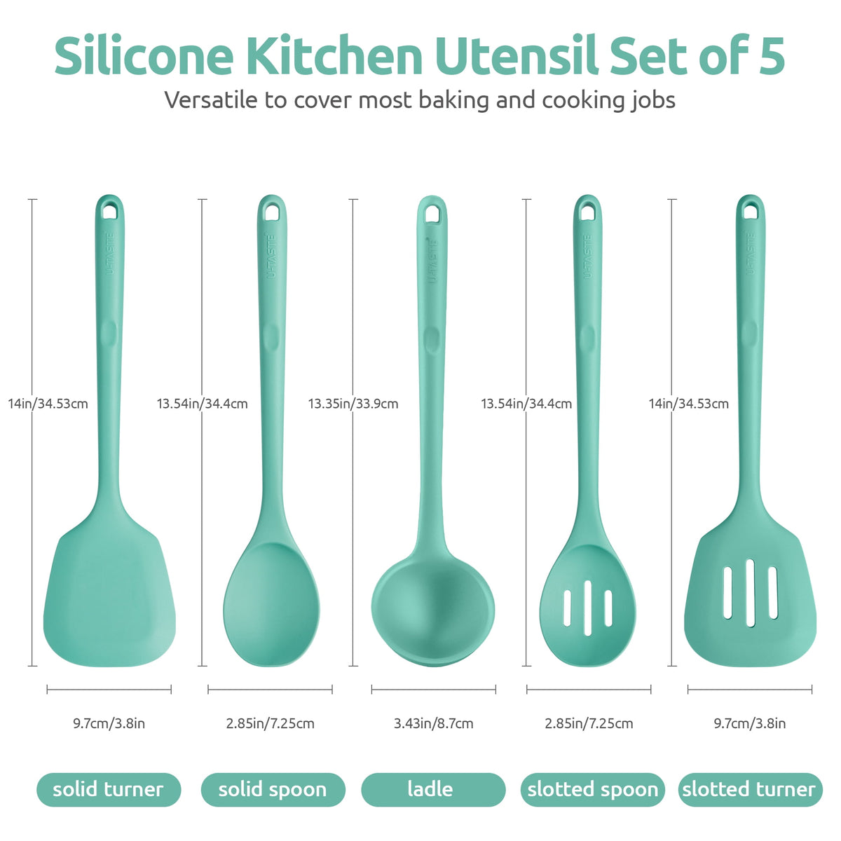 U-Taste Silicone Kitchen Cooking Utensil Set of 5, 446°F Heat Resistant Food Grade Kitchen Tools, 13.6" Long Spatula Turner Spoon Ladle , Aqua Sky