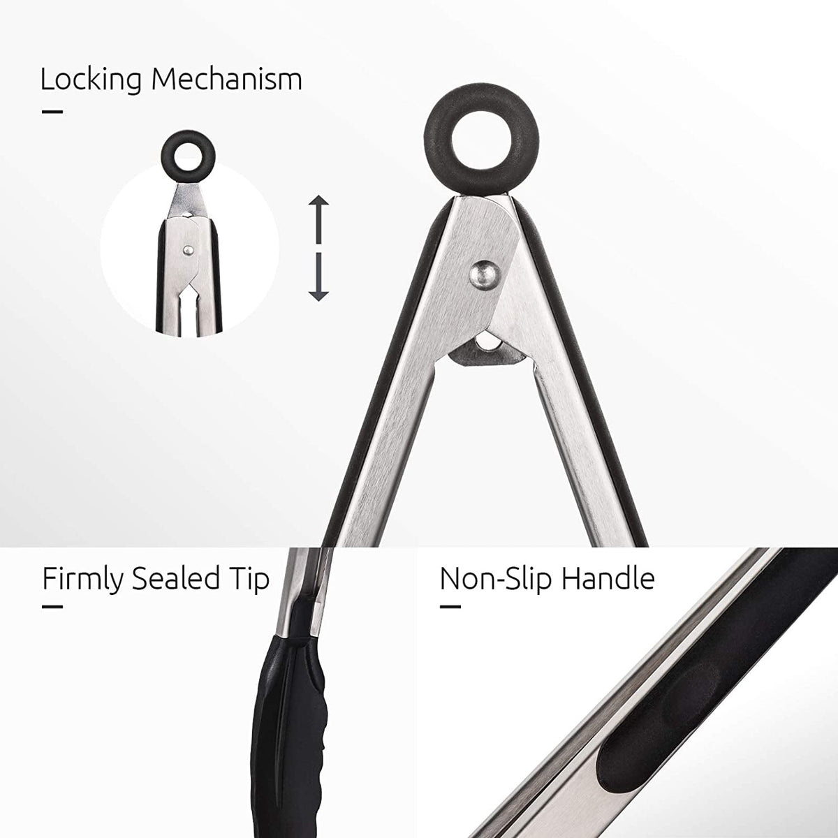 U-Taste 480ºF Heat-Resistant Kitchen Tongs for Cooking, Silicone Tong Utensils Set for Food Serving, Rubber Salad/Grill/BBQ Tongs, 7/9/12in, Black