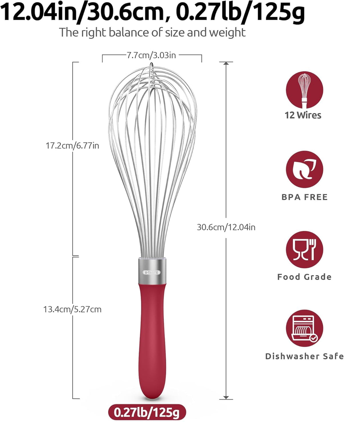 U-Taste Kitchen Wire Whisk for Cooking, 18/10 Stainless Steel Egg Beater with 12 Wires, Baking Tool for Whisking Mixing Stirring Blending, L, Red