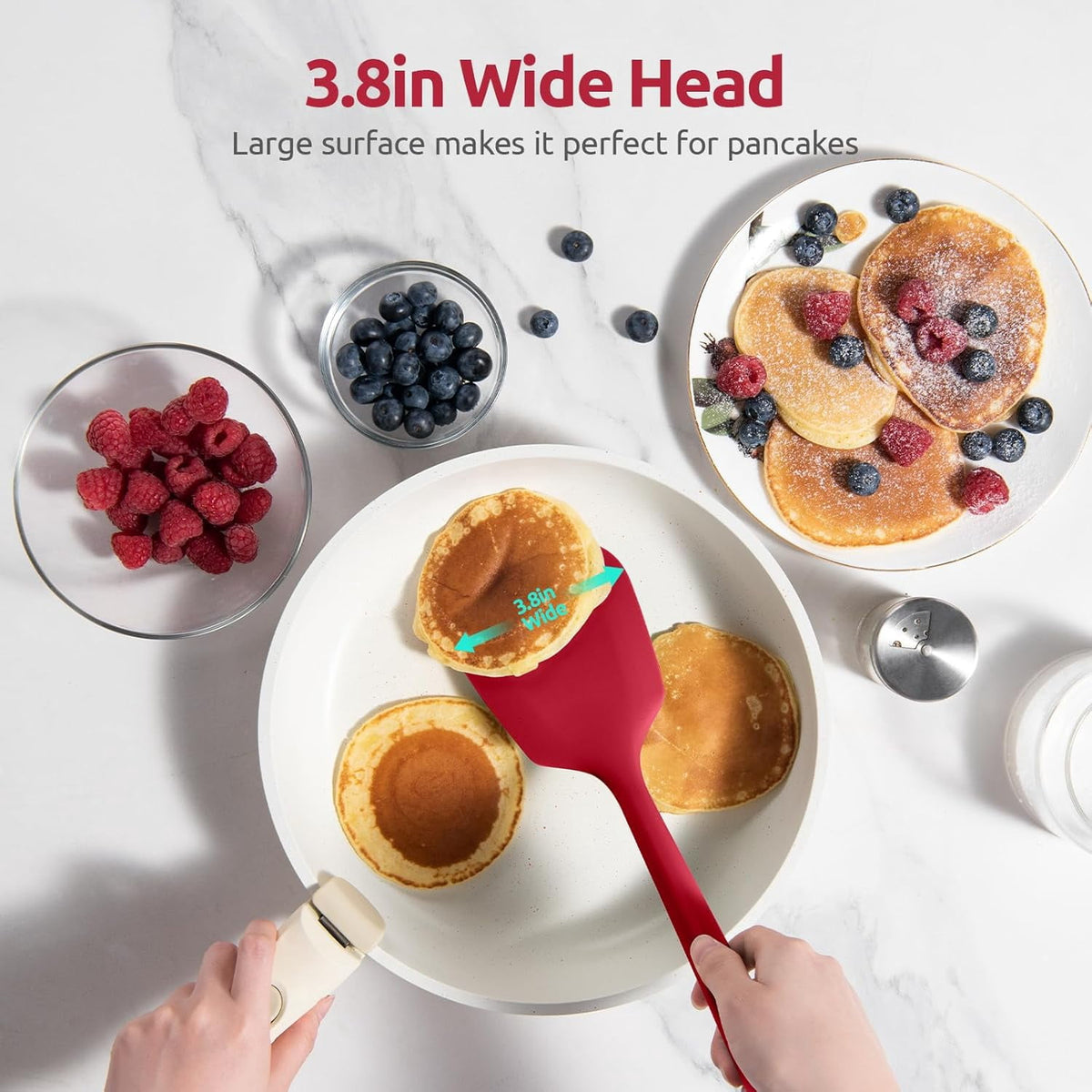 600°F Heat Resistant Silicone Turners: U-Taste 13.6in Long Solid & Slotted Kitchen Spatula Flipper, Food Grade Flexible Cooking Utensil for Flipping Egg, Pancake in Nonstick Cookware (Red, 2PCS)