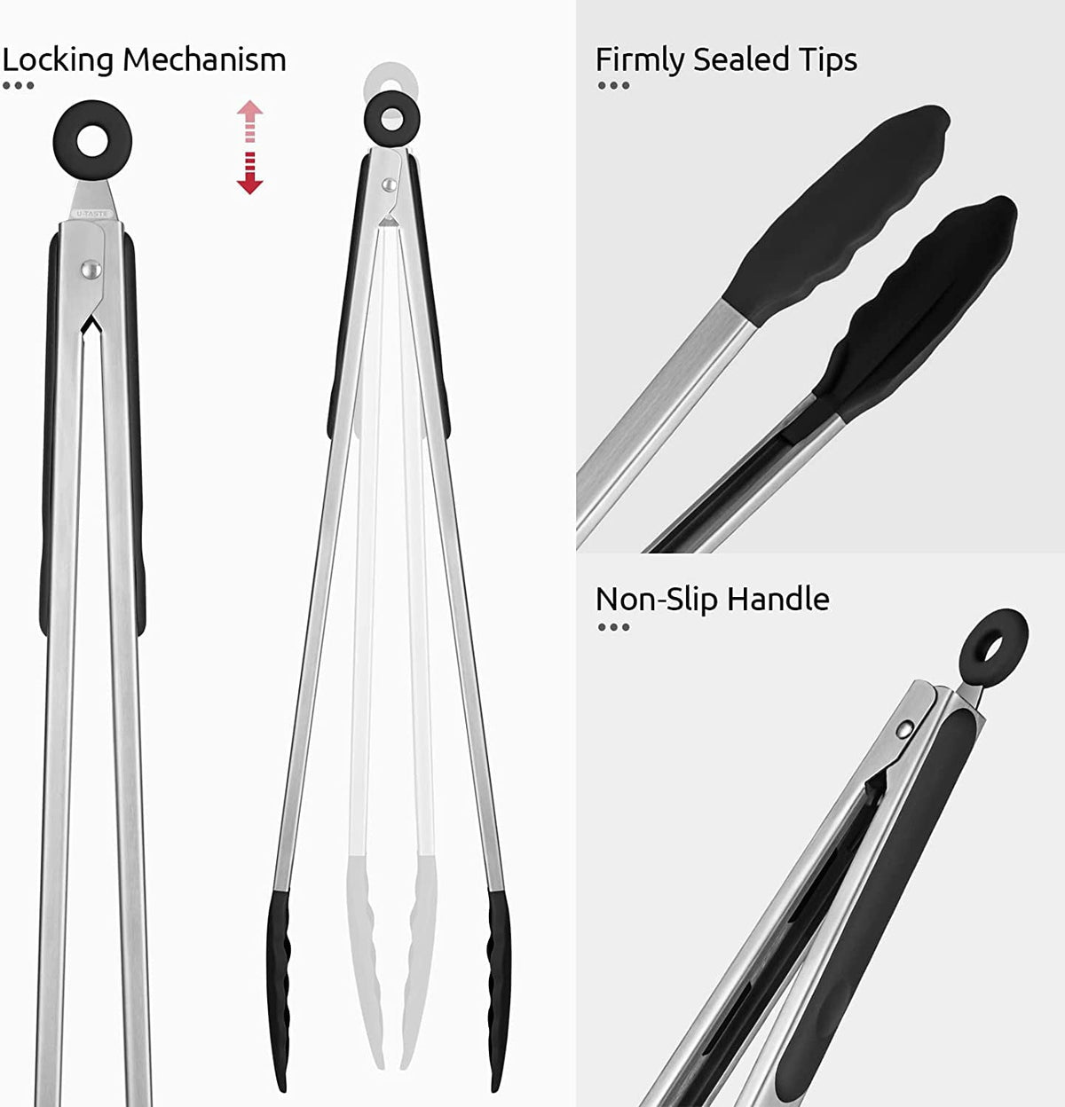 U-Taste Kitchen Tong for Cooking, 600ºF Heat-Resistant Silicone Tips, Extra Long Large Food Tong for Outdoor BBQ Grilling Grabbing, 16in, Black