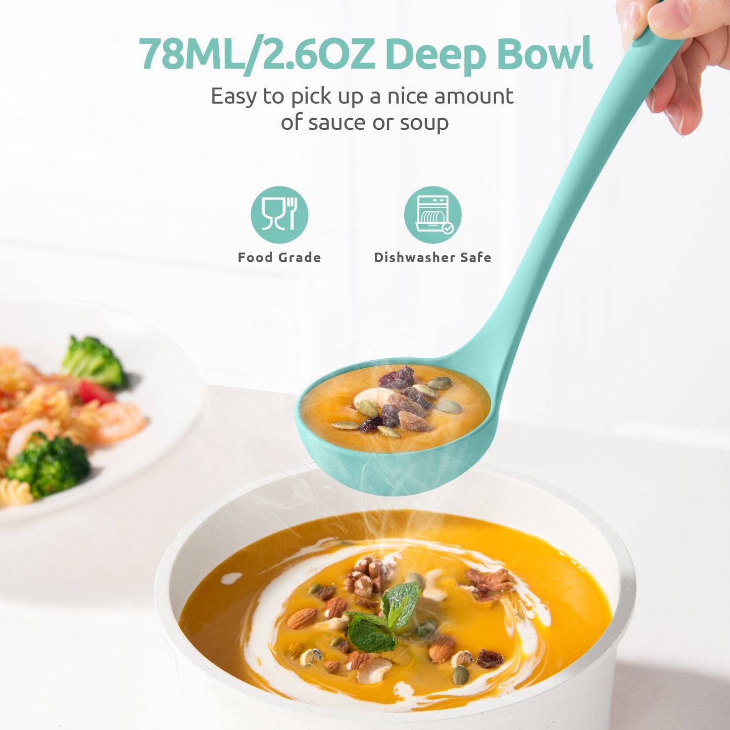 2.6oz Small Silicone Soup Ladle: U-Taste 600ºF Heat Resistant Non-Stick Kitchen Deep Serving Spoon, Soft Cooking Utensil with Non-Slip Solid Handle for Mixing Sauce Stew Gravy
