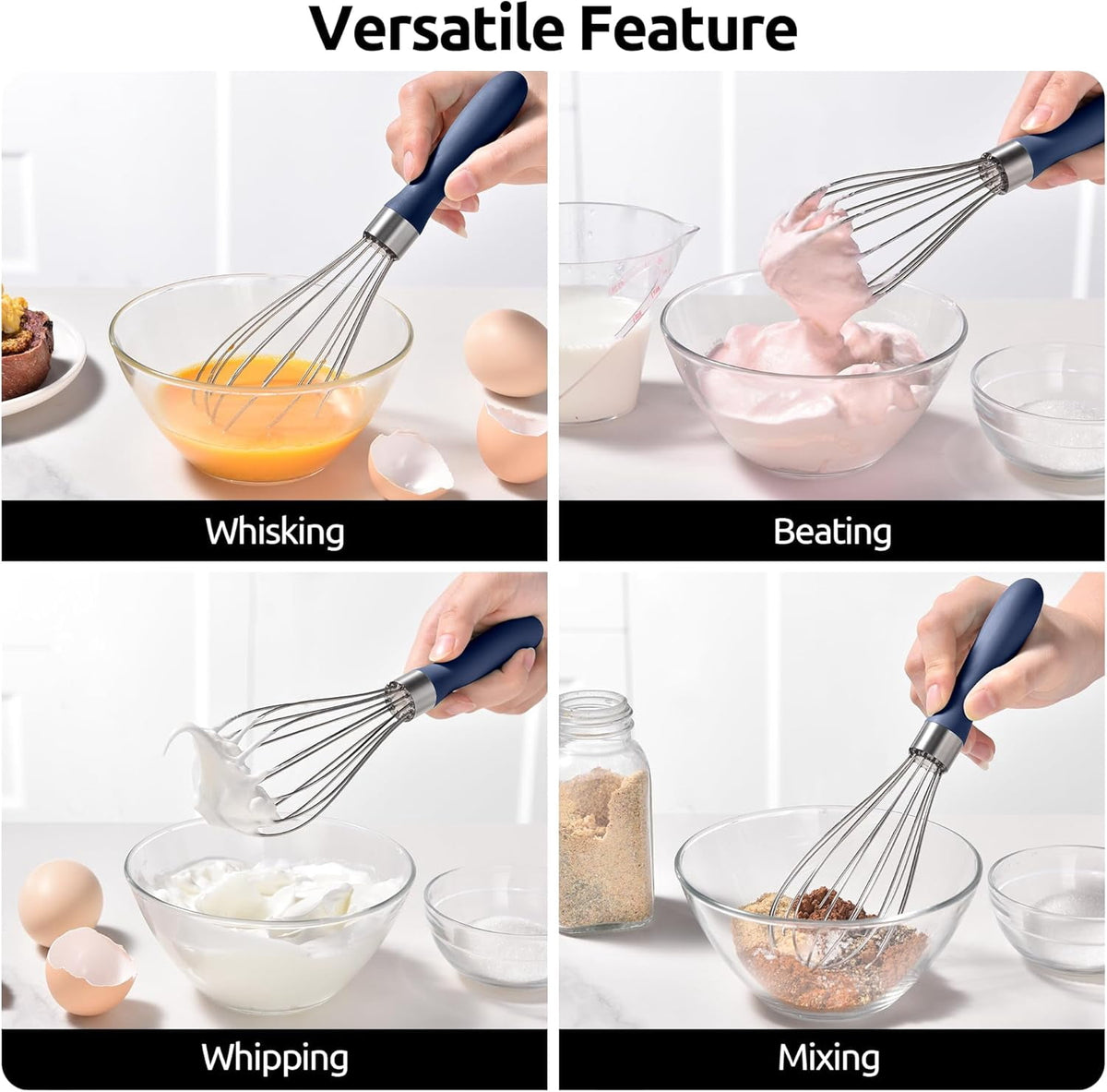 U-Taste Kitchen Wire Whisk for Cooking, 18/10 Stainless Steel Egg Beater with 6 Wires, Baking Tool for Whisking Mixing Stirring, Small, Midnight Blue