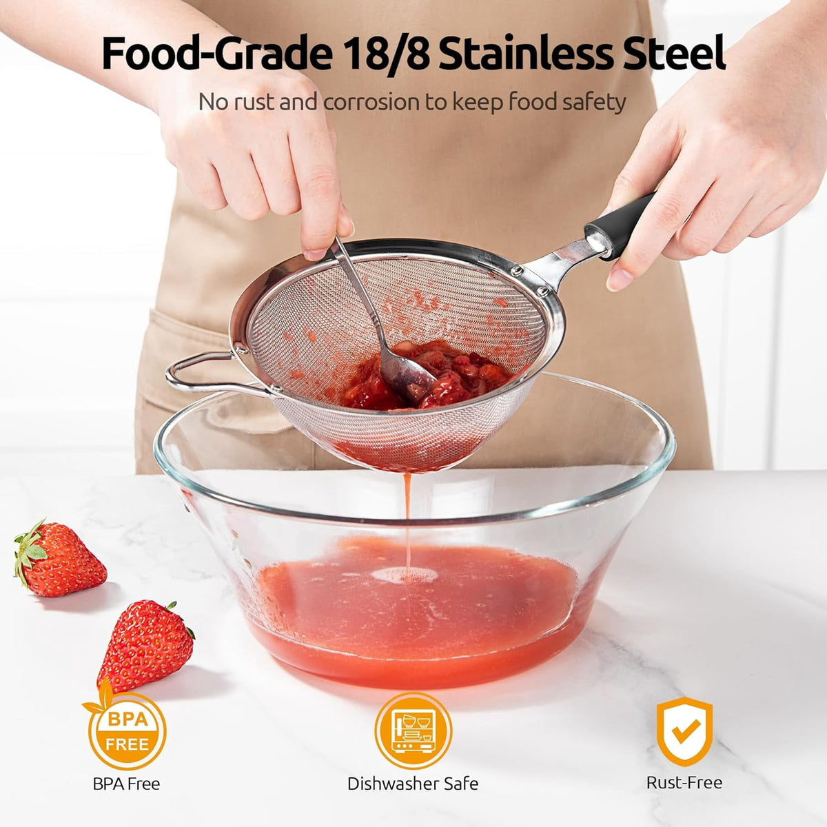 U-Taste Fine Mesh Strainer, 18/8 Stainless Steel Sieve Food Strainer, Kitchen Metal Colander for Rinsing Rice/Quinoa/Flour/Berry Seed, 4.73in, Black