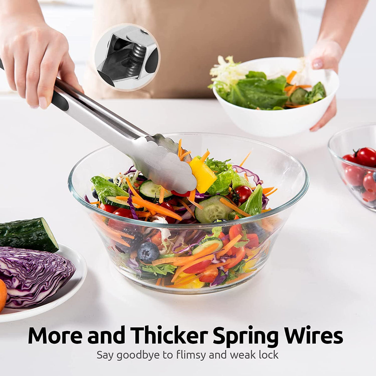 U-Taste 18/8 Stainless Steel Kitchen Tong for Cooking, Metal Tong Utensils Set for Food Serving, Rubber Salad/Grill/BBQ Tongs, 7/9/12in, Black