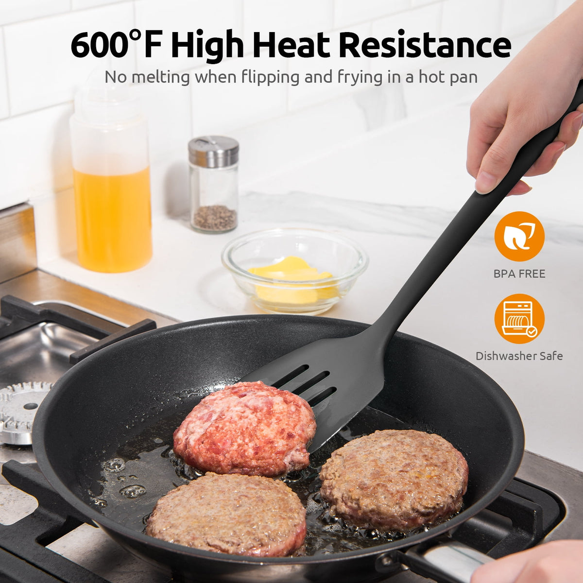 600°F Heat Resistant Slotted Turner: U-Taste 13.6in Silicone Kitchen Spatula Flipper, 3.85in Wide BPA Free Flexible Thin Rubber Cooking Utensil for Egg, Pancake, Cookie in Nonstick Cookware (Black)