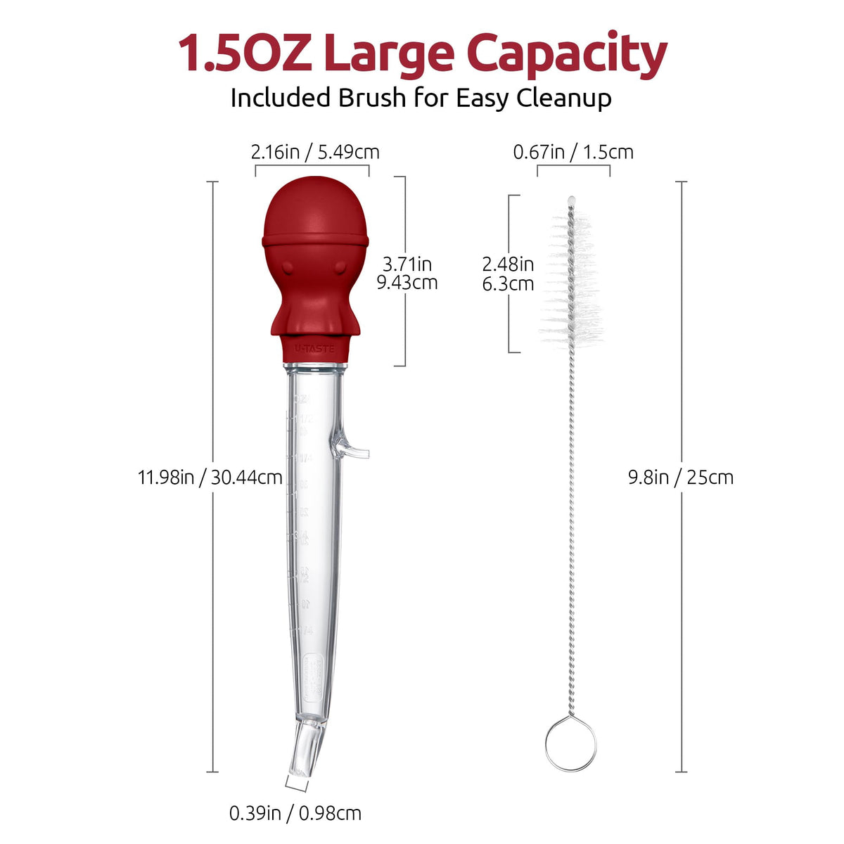 U-Taste 1.5oz Angled Turkey Baster for Cooking, 228.2°F Heat Resistant Food Grade Tritan & Silicone Octopus Bulb Baster, with a Cleaning Brush, Red