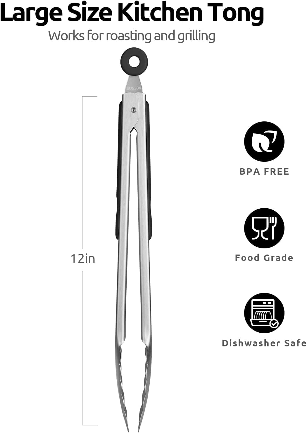 U-Taste 18/8 Stainless Steel Kitchen Tong for Cooking, Long Large Metal Tong for Serving Food Grilling BBQ, Non Slip Silicone Handle, 12in, Black