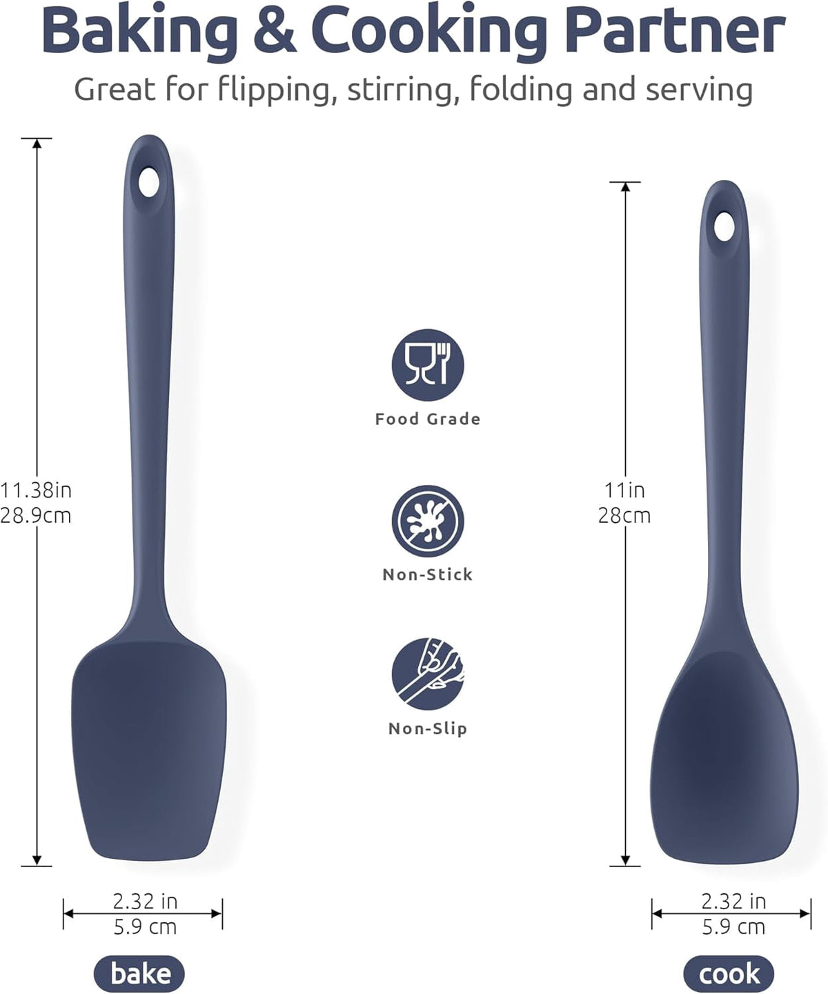 U-Taste 600ºF Heat Resistant Silicone Cooking Spoons Set, Baking Spoon Spatula & Cooking Scoop Spoonula, Kitchen Utensils for Serving, Midnight Blue