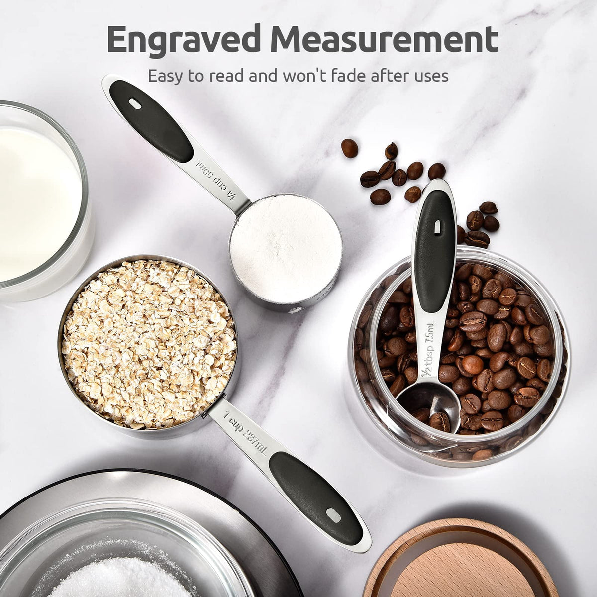 U-Taste 18/8 Stainless Steel Measuring Cups and Spoons Set, Metal Stacking Measure Set for Baking Cooking, Reinforced Welded Joints, 12Pcs, Black