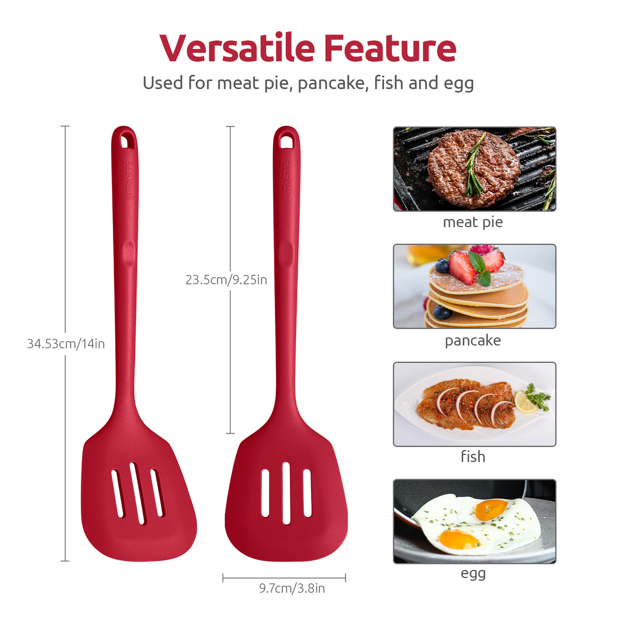 600°F Heat Resistant Slotted Turner: U-Taste 13.6in Silicone Kitchen Spatula Flipper, 3.85in Wide BPA Free Flexible Thin Rubber Cooking Utensil for Egg, Pancake, Cookie in Nonstick Cookware (Red)
