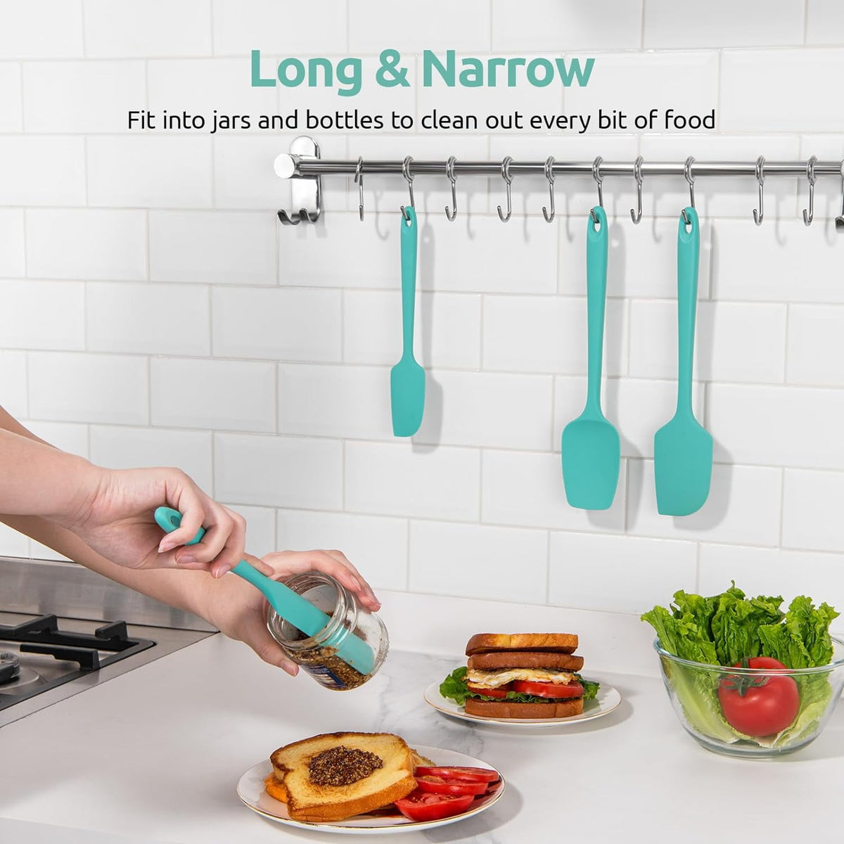 U-Taste Silicone Spatula Set of 4, 480°F Heat Resistant Kitchen Cooking Utensils Baking Supplies, Food Grade Seamless Rubber Scraper, Aqua Sky