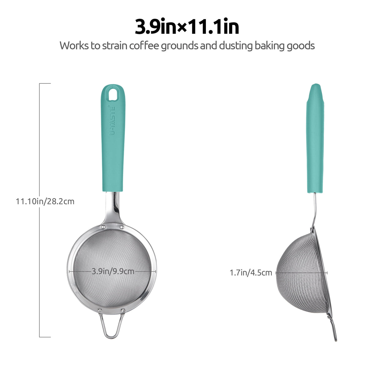 U-Taste 18/8 Stainless Steel Mesh Strainer, 30 Mesh Fine Sieve Food Strainer, Kitchen Colander for Straining Quinoa/Flour/Pasta/Fruit, 3.9in, Aqua Sky