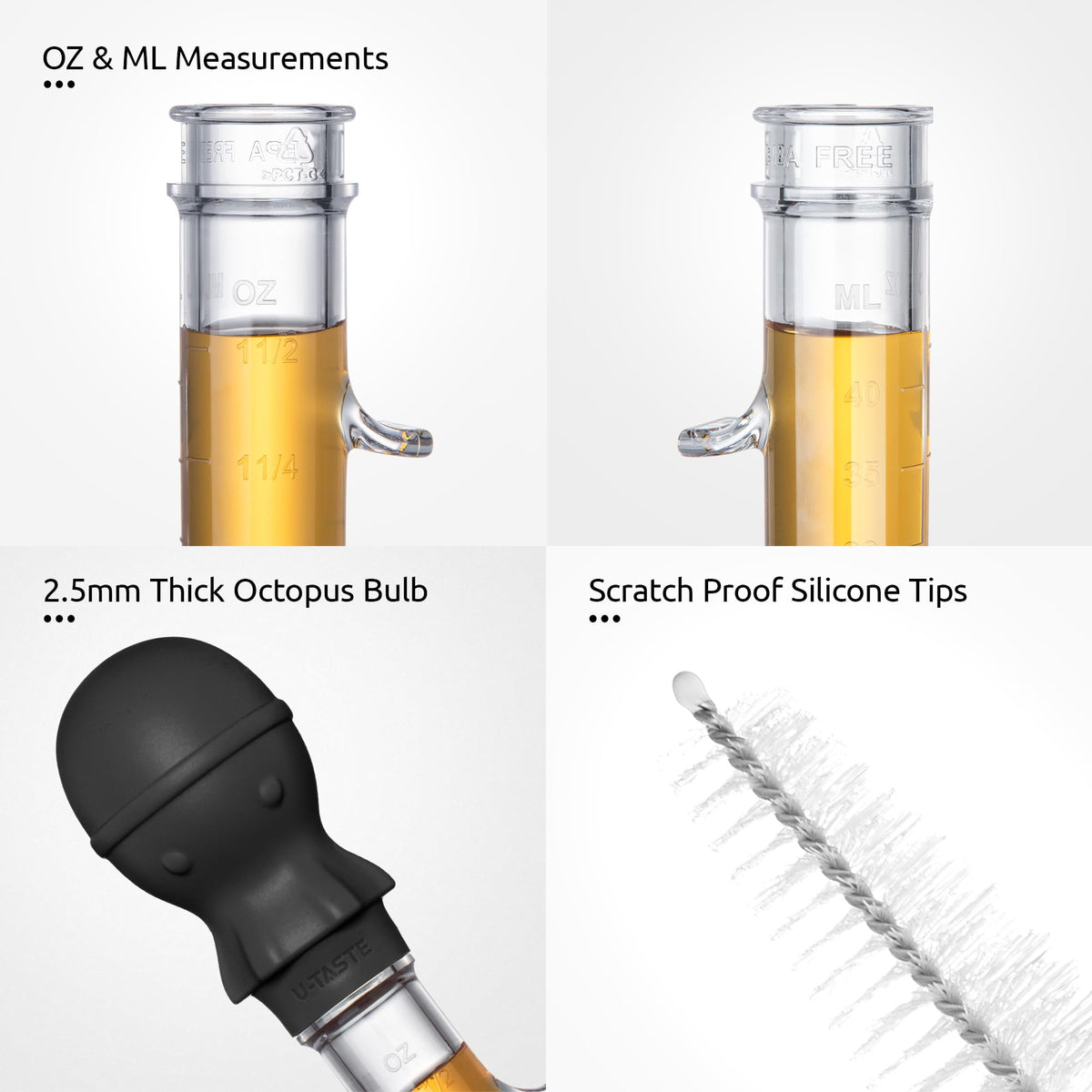 U-Taste 1.5oz Angled Turkey Baster for Cooking, 228.2°F Heat Resistant Food Grade Tritan & Silicone Octopus Bulb Baster, with a Cleaning Brush, Black