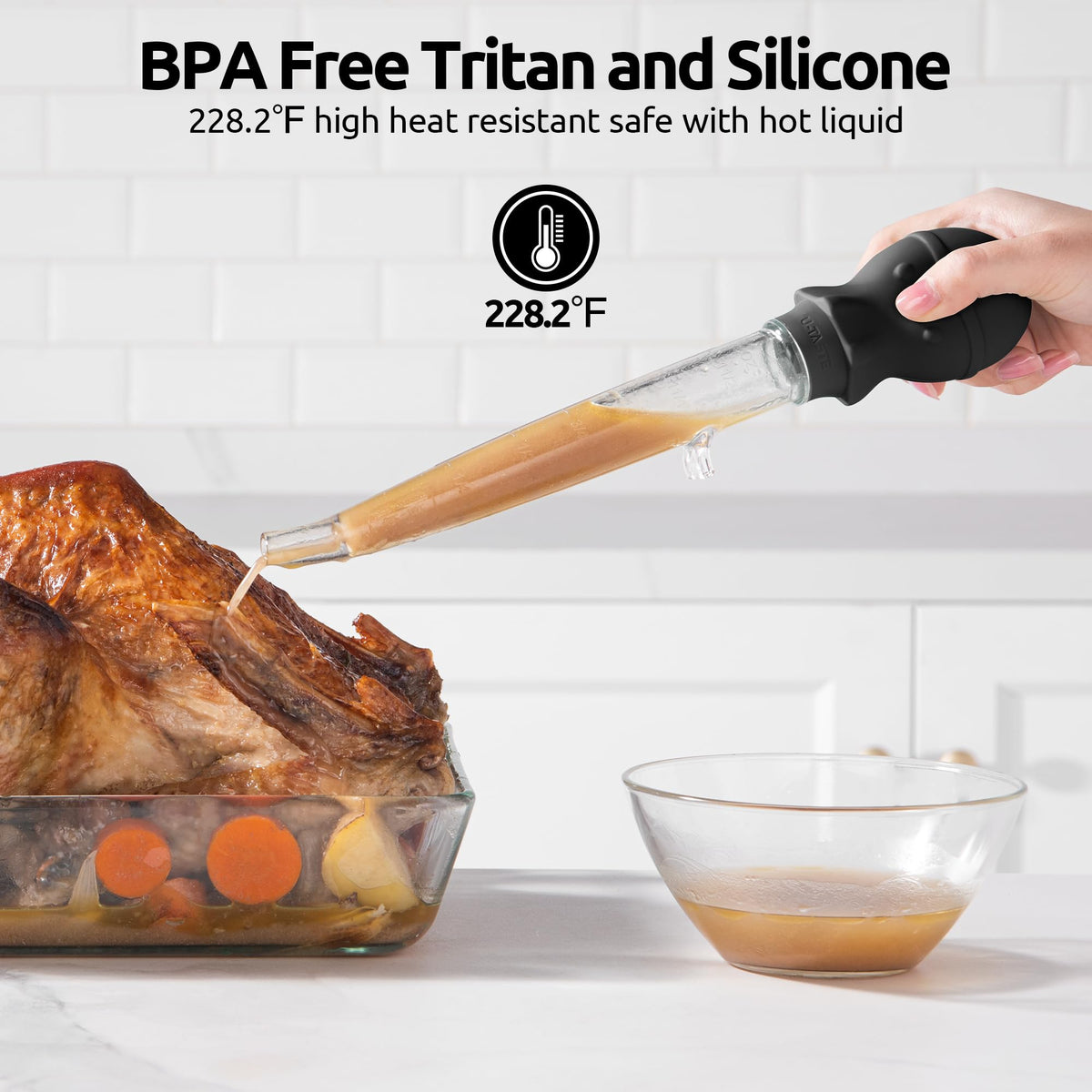 U-Taste 1.5oz Angled Turkey Baster for Cooking, 228.2°F Heat Resistant Food Grade Tritan & Silicone Octopus Bulb Baster, with a Cleaning Brush, Black