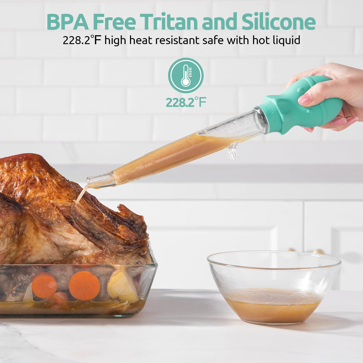 U-Taste 1.5oz Angled Turkey Baster for Cooking, 228.2°F Heat Resistant Food Grade Tritan & Silicone Octopus Bulb Baster, with Cleaning Brush, Aqua Sky