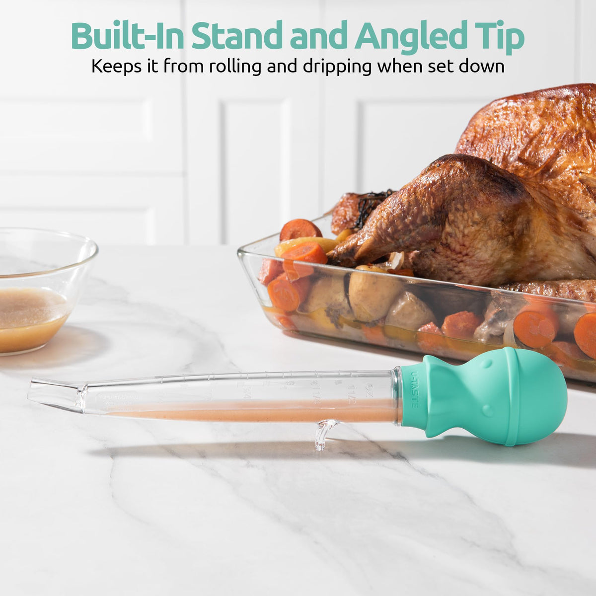 U-Taste 1.5oz Angled Turkey Baster for Cooking, 228.2°F Heat Resistant Food Grade Tritan & Silicone Octopus Bulb Baster, with Cleaning Brush, Aqua Sky