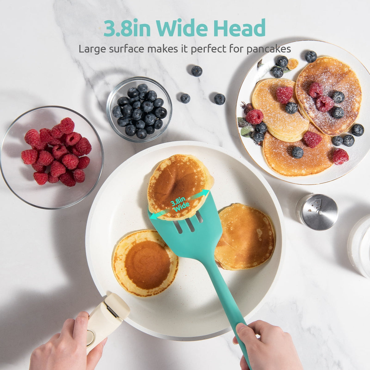 U-Taste 600°F Heat Resistant Silicone Turner, Slotted Kitchen Spatula Cooking Utensil for Flipping Egg Pancake, 13.6" Long/3.7" Wide, Aqua Sky