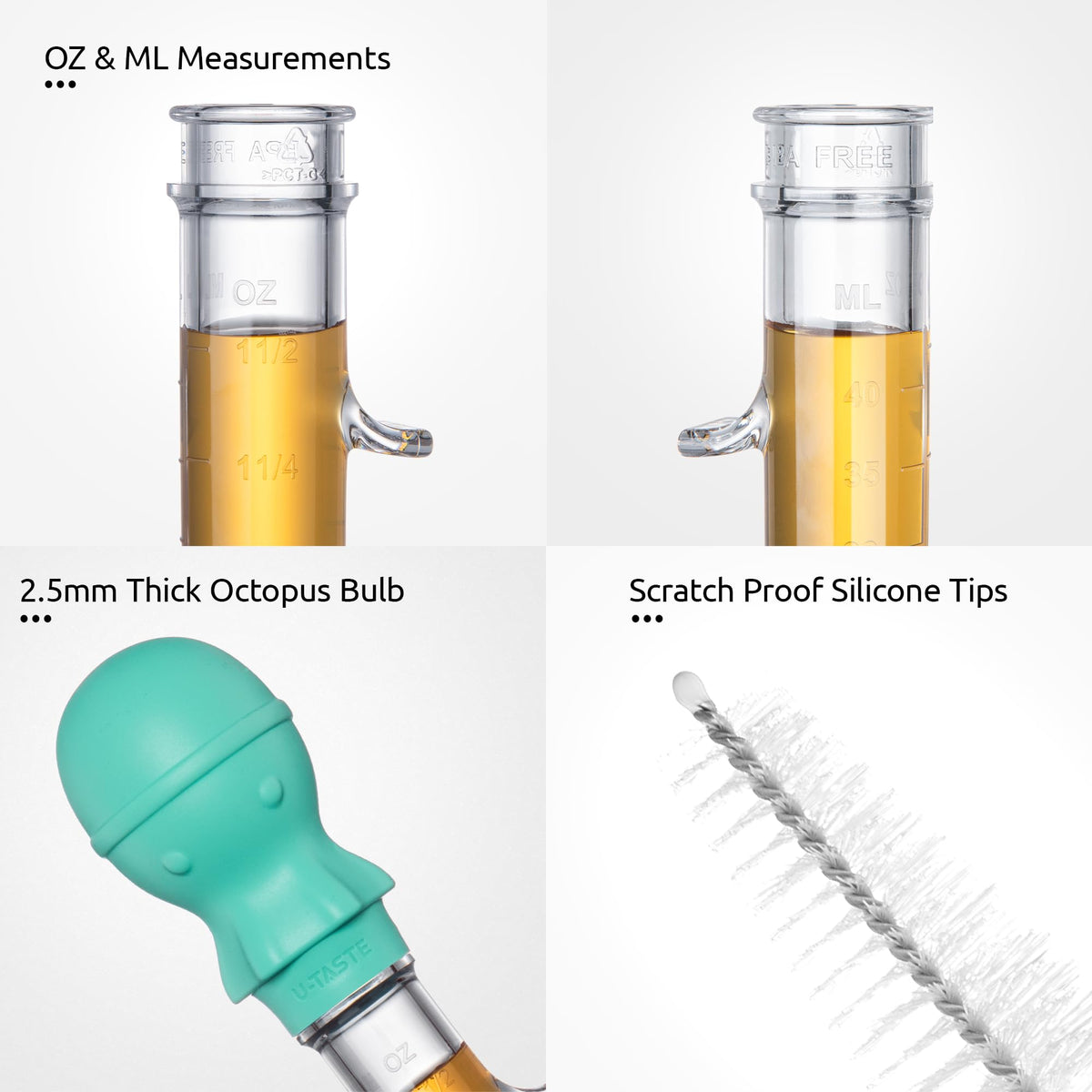 U-Taste 1.5oz Angled Turkey Baster for Cooking, 228.2°F Heat Resistant Food Grade Tritan & Silicone Octopus Bulb Baster, with Cleaning Brush, Aqua Sky