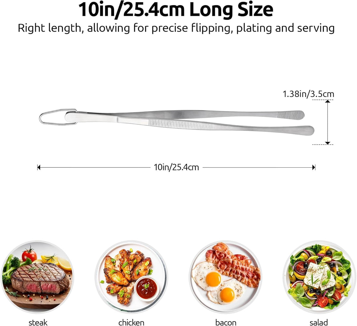 U-Taste Kitchen Cooking Tweezer, 18/8 Stainless Steel Food Grade Metal Food Tong with Non Slip Tips for Plating Serving Grilling, 10in/Round Tip