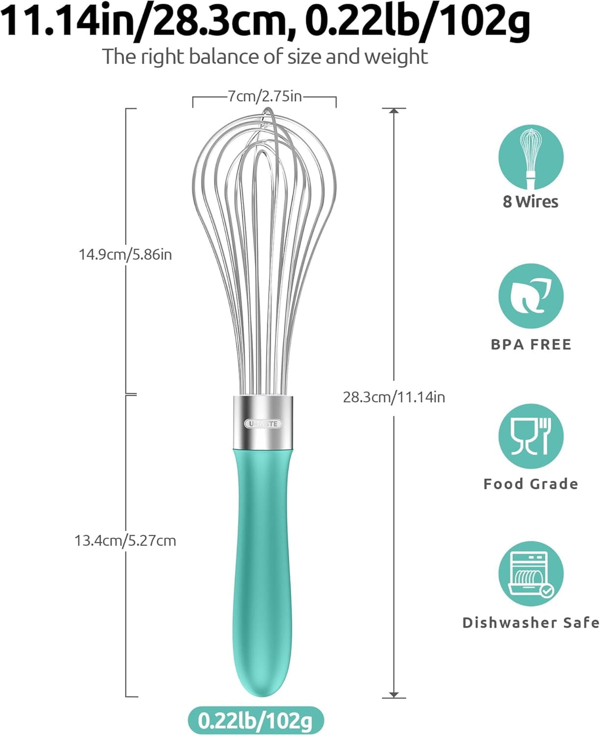 U-Taste Kitchen Wire Whisk for Cooking, 18/10 Stainless Steel Egg Beater with 8 Wires, Baking Tool for Whisking Mixing Stirring Blending, M, Aqua Sky