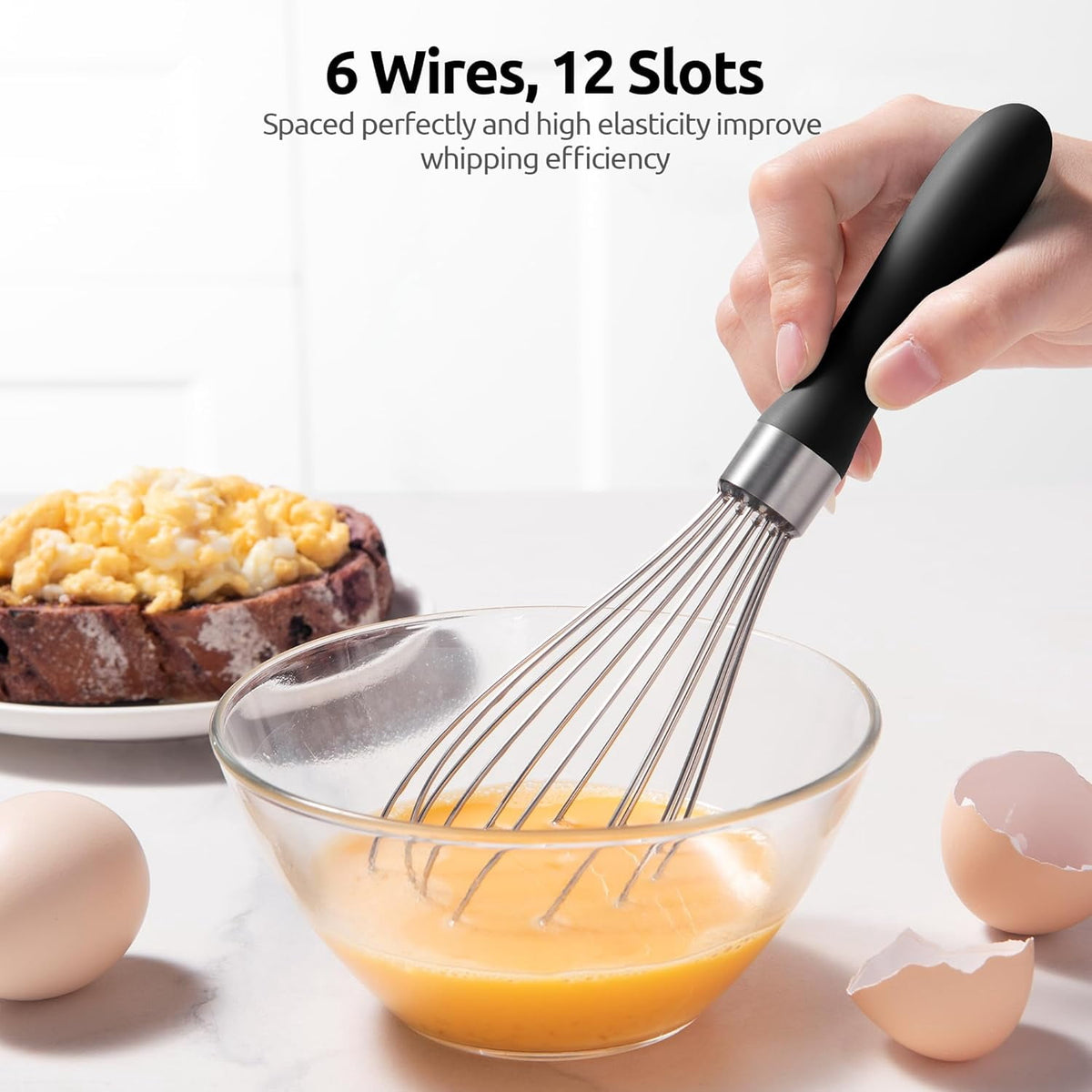 U-Taste Kitchen Wire Whisk for Cooking, 18/10 Stainless Steel Egg Beater with 6 Wires, Baking Tool for Whisking Mixing Stirring, Small, Black