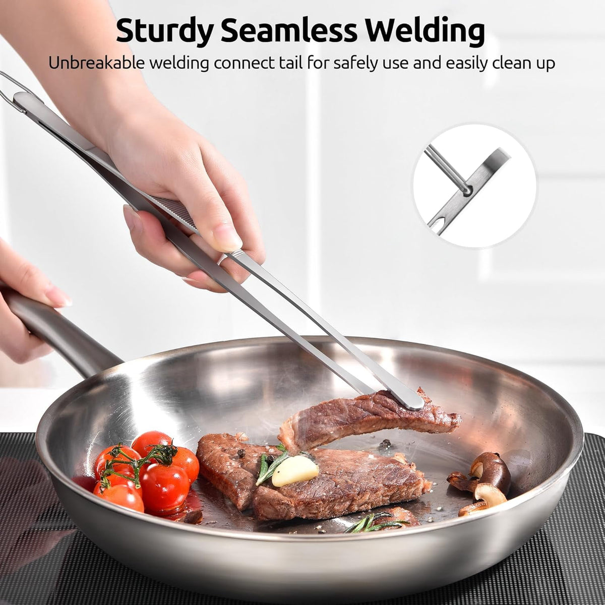 U-Taste Kitchen Cooking Tweezers, 18/8 Stainless Steel Food Grade Metal Food Tong Set, Non Slip Tips for Plating Serving Grill, 12in/Round+Pointed Tip