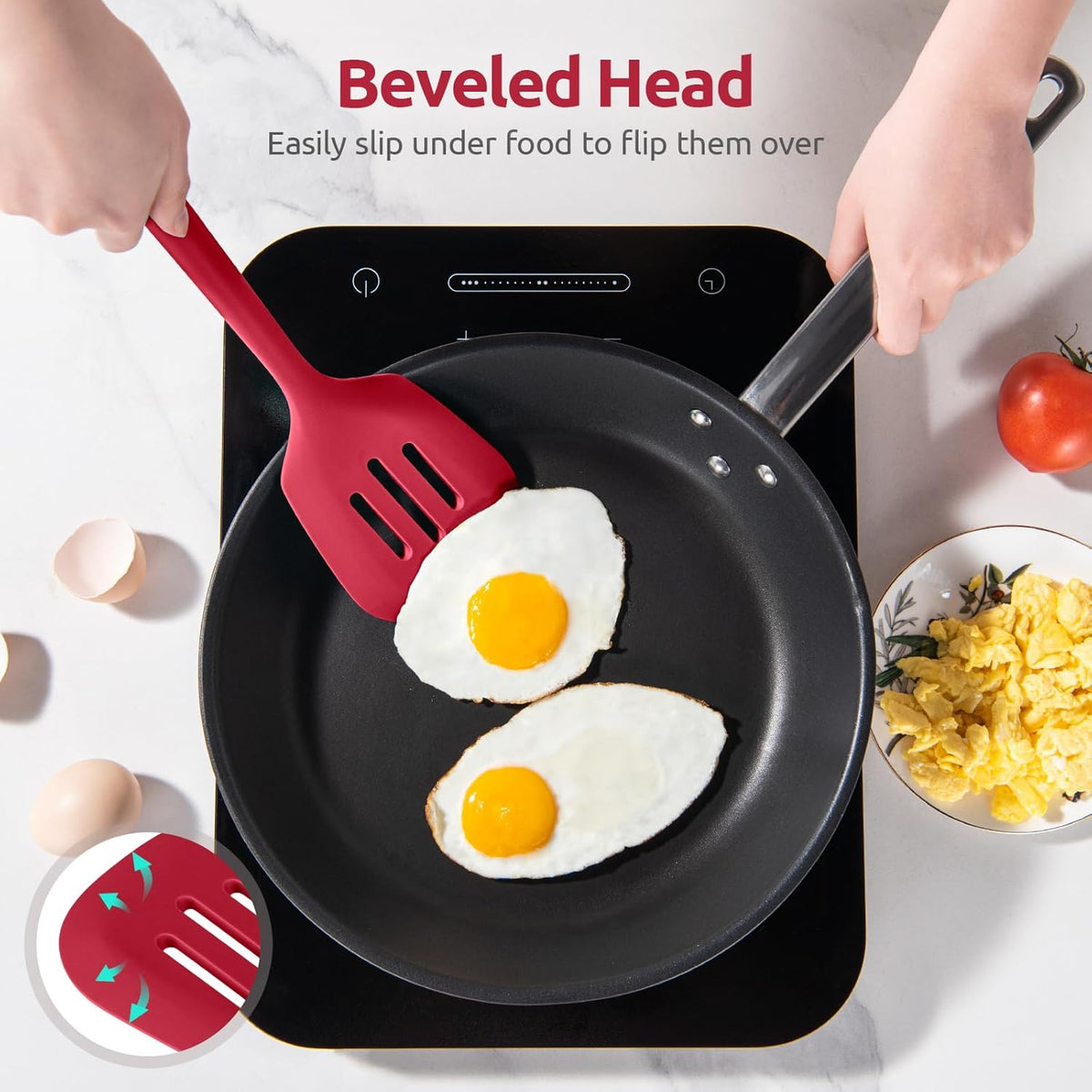 600°F Heat Resistant Silicone Turners: U-Taste 13.6in Long Solid & Slotted Kitchen Spatula Flipper, Food Grade Flexible Cooking Utensil for Flipping Egg, Pancake in Nonstick Cookware (Red, 2PCS)
