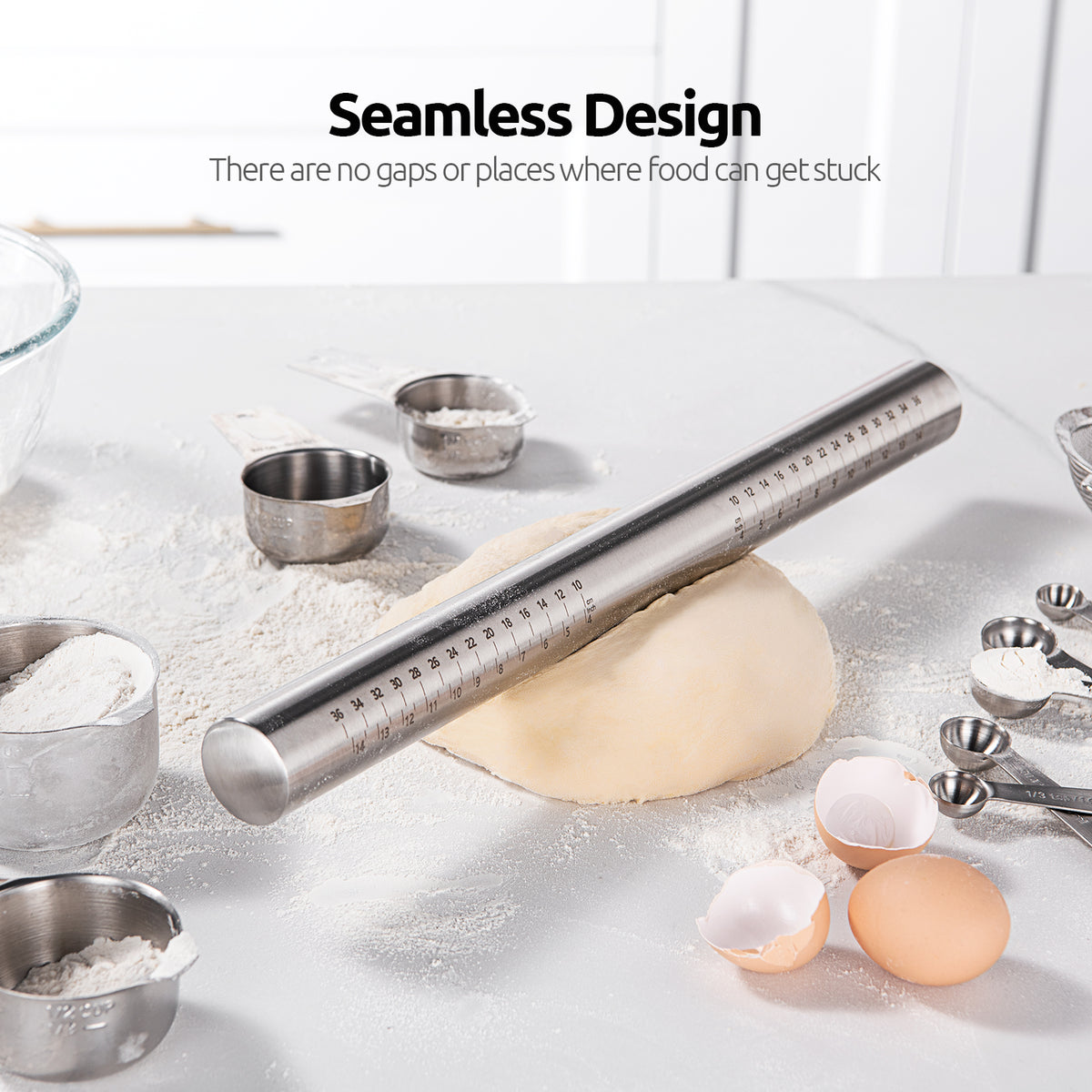 U-Taste Adjustable Rolling Pin, 18/8 Stainless Steel Fondant Roller for Pastry Cookie Pizza, 16in Dough Roller Pin with Silicone Removable Rings