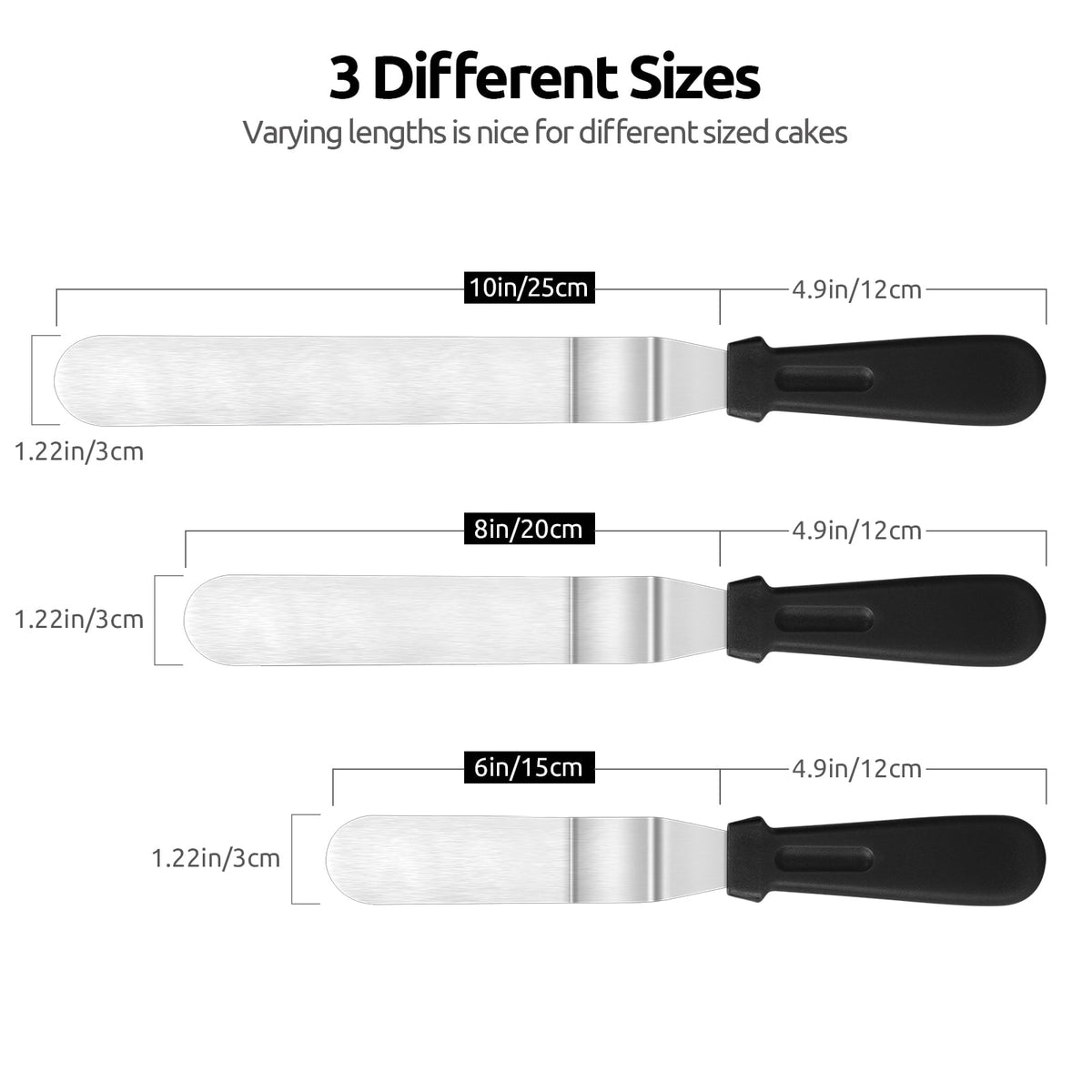 U-Taste Offset Icing Spatula Set of 3, Cake Frosting Spreader, 420 Stainless Steel Metal Angled Spatula with 6/8/10in Blade for Cake Decorating, Black