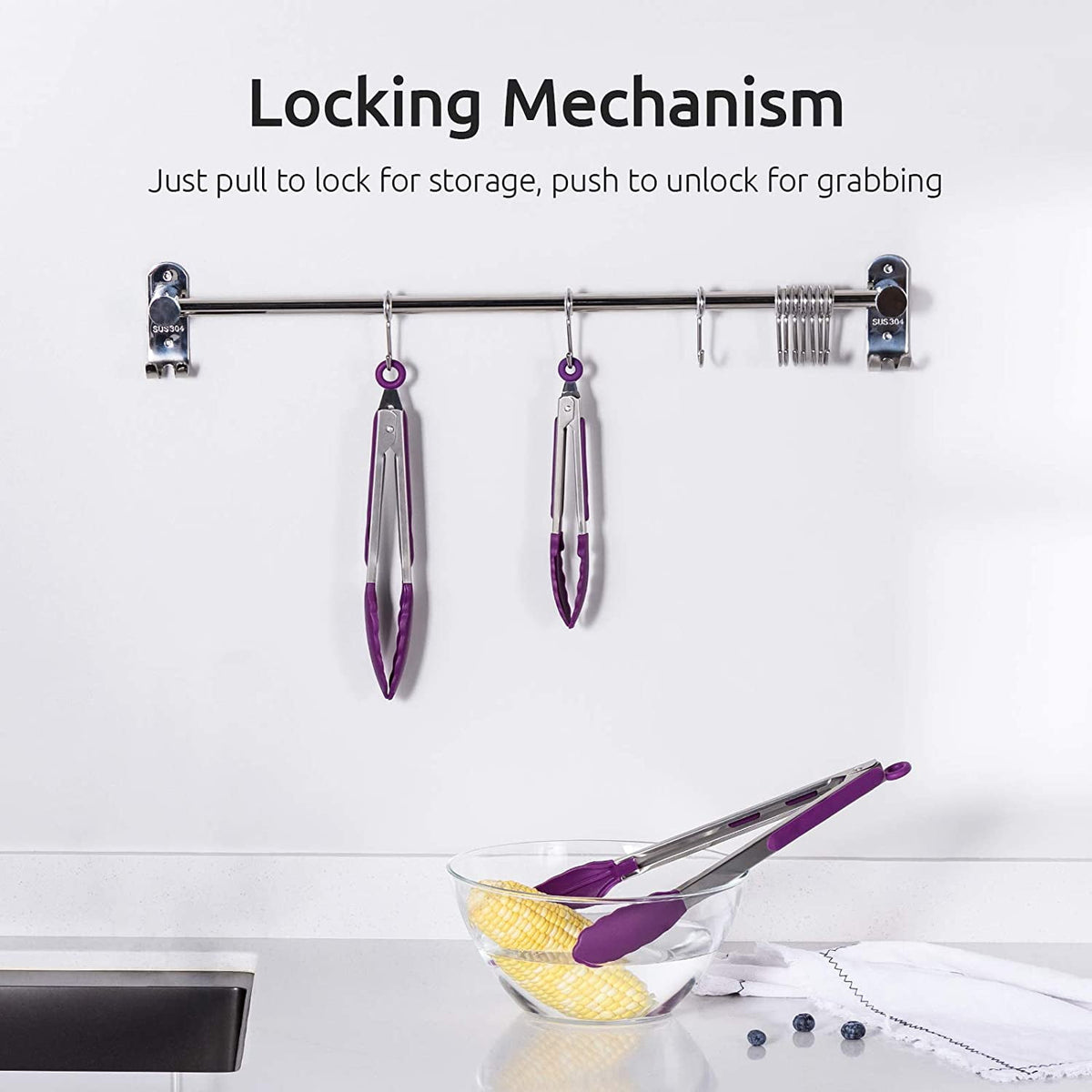 U-Taste 600ºF Heat-Resistant Kitchen Tongs for Cooking, Silicone Tong Utensils Set for Food Serving, Rubber Salad/Grill/BBQ Tongs, 7/9/12in, Purple