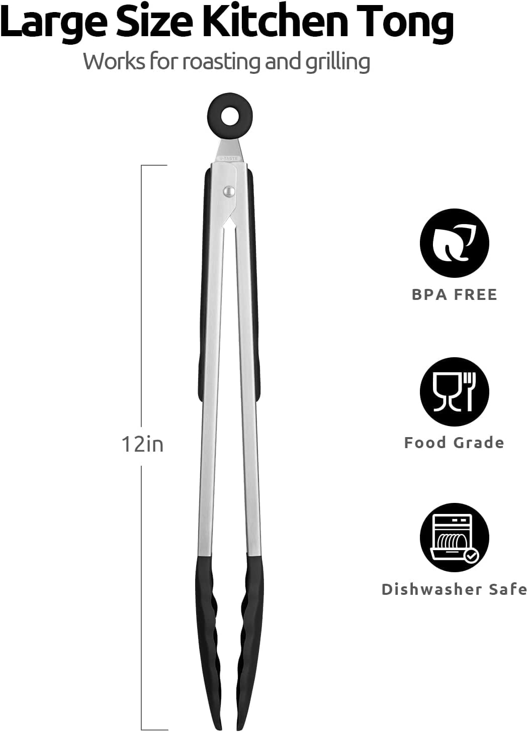 U-Taste Kitchen Tong for Cooking, 480ºF Heat-Resistant Non Stick Silicone Tips, Long Large Rubber Food Tong for Serving Grilling BBQ, 12in, Black