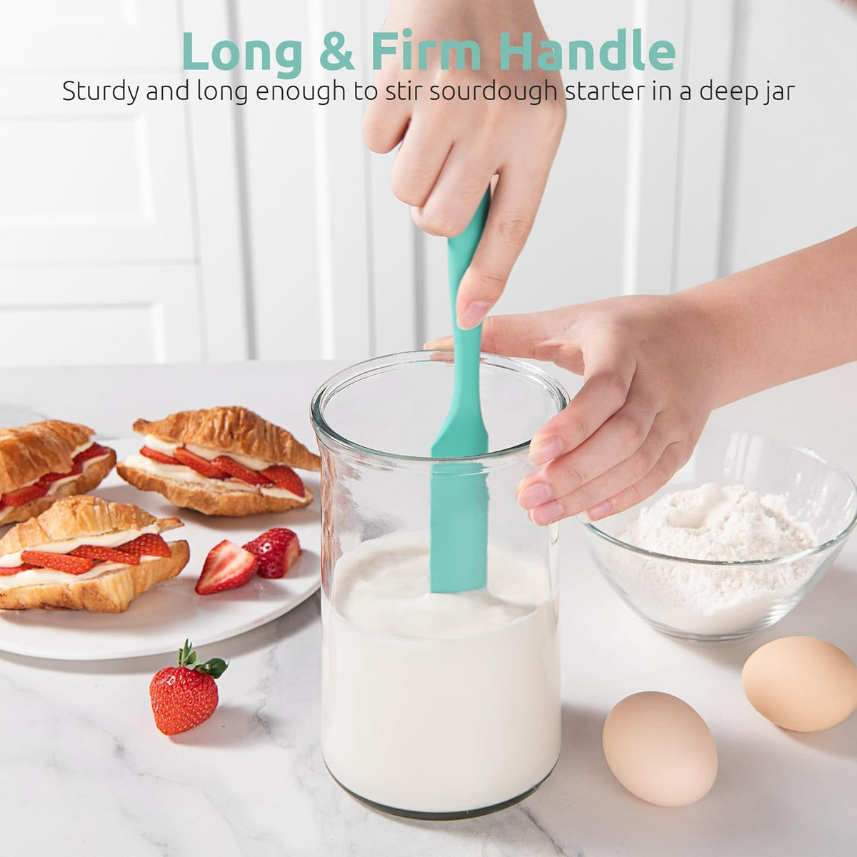 U-Taste Silicone Jar Spatula: 600ºF Heat-Resistant Food-Grade Sourdough Stirring Stick, Long Seamless Flexible Peanut Butter Spreader, 10in, Aqua Sky