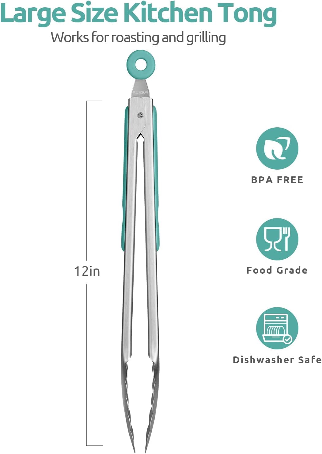 U-Taste 18/8 Stainless Steel Kitchen Tong for Cooking, Long Large Metal Tong for Serving Food Grilling BBQ, Non Slip Silicone Handle, 12in, Aqua Sky