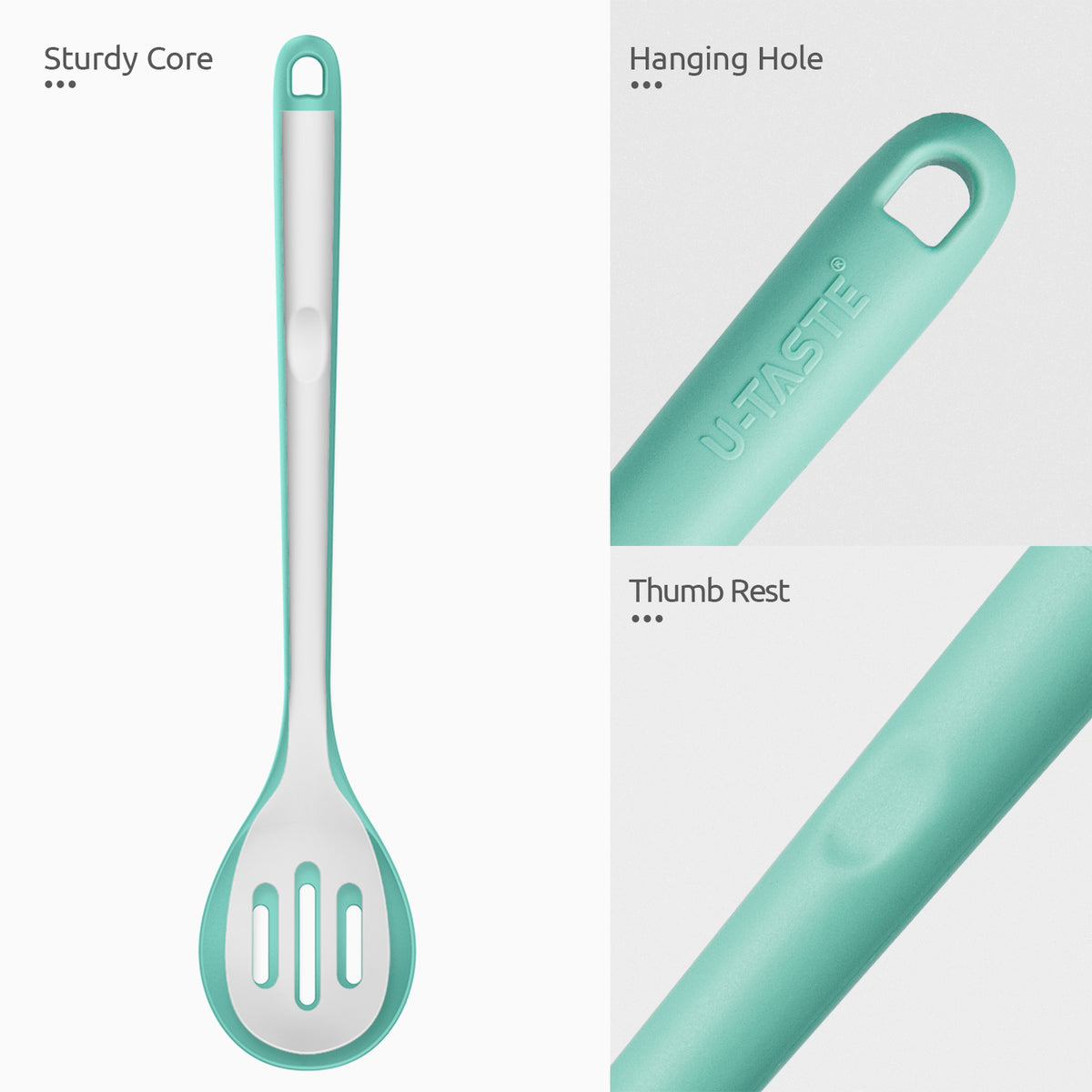 U-Taste 600°F Heat Resistant Silicone Slotted Spoon, 13.3in Long Large Cooking Spoon, Rubber Kitchen Utensil for Mixing/Stirring/Basting, Aqua Sky
