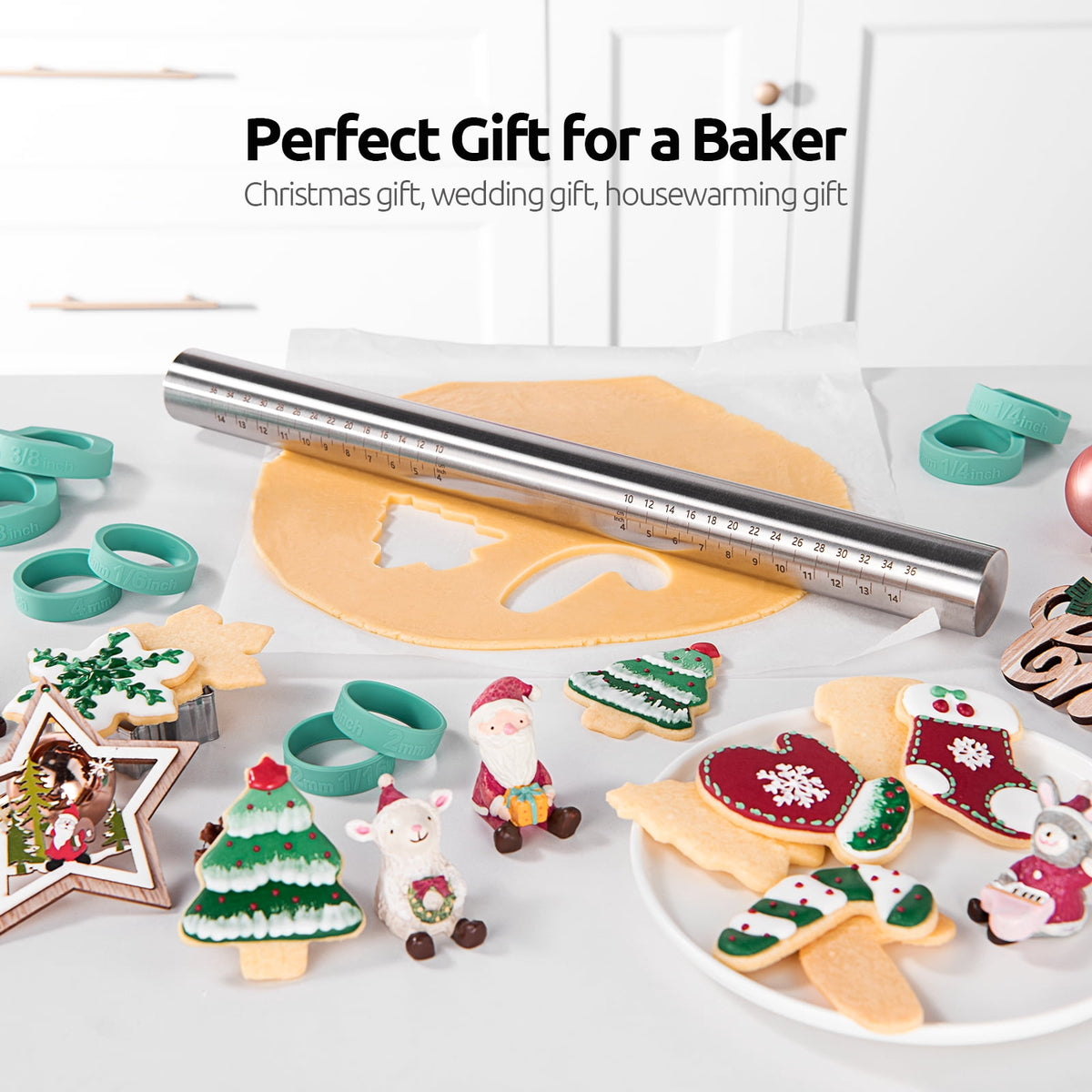 U-Taste Adjustable Rolling Pin, 18/8 Stainless Steel Fondant Roller for Pastry Cookie Pizza, 16in Dough Roller Pin with Silicone Removable Rings