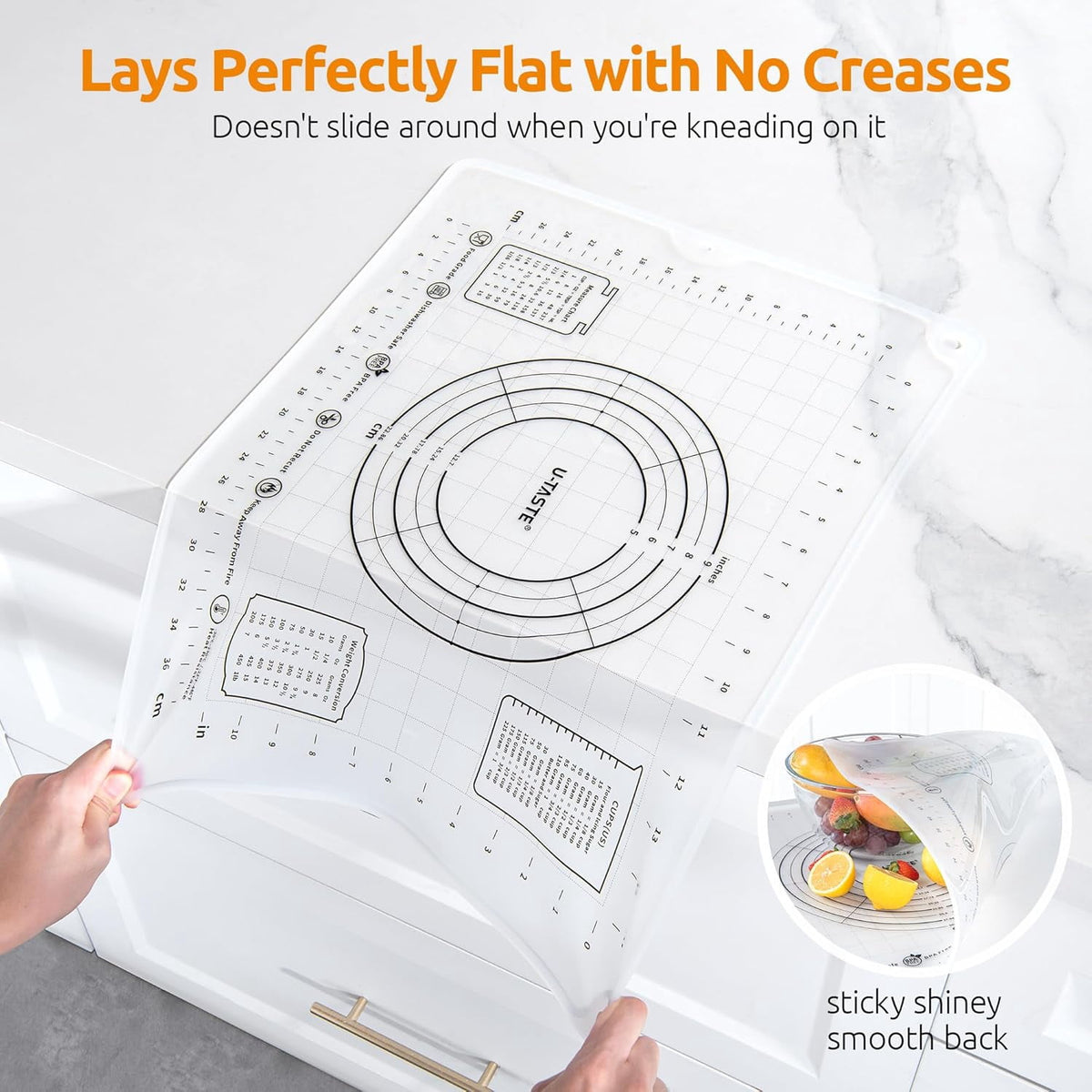 U-Taste 20"x16" Silicone Pastry Mat, Food Grade Dough Rolling Baking Sheet, Non Slip for Kneading Pizza Cookie Pie Crust, Clear Measurement, Clear