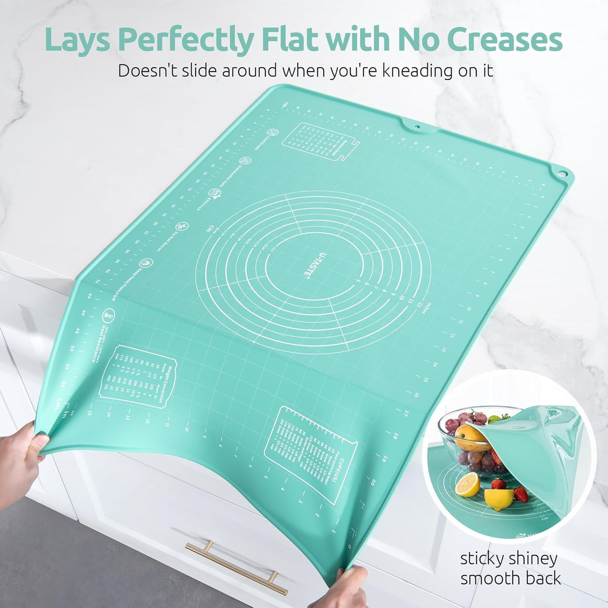 U-Taste 28"x20" Silicone Pastry Mat, Food Grade Dough Rolling Baking Sheet, Non Slip for Kneading Pizza Cookie Pie Crust, Clear Measurement, Aqua Sky