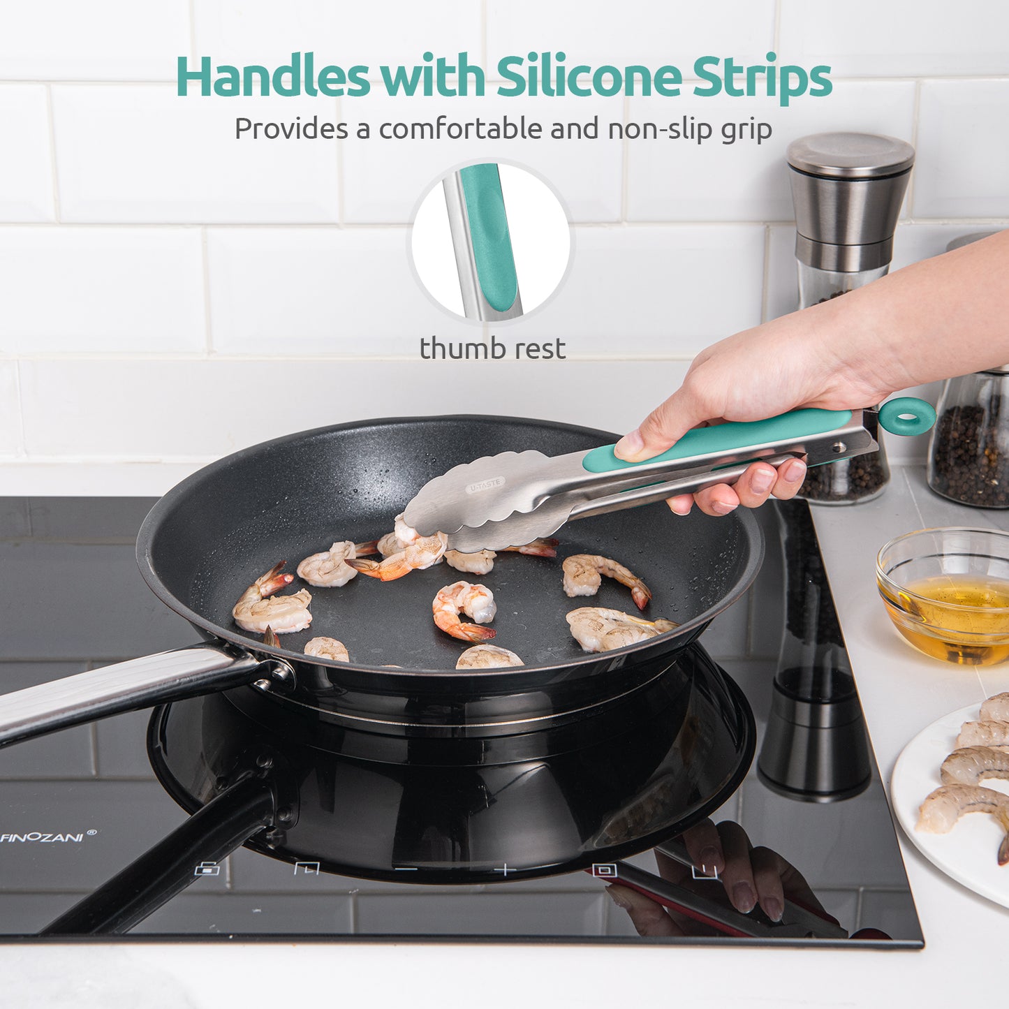 18/8 Stainless Steel Kitchen Tong with Sturdy Metal Tips & Non Slip Silicone Handle & Smooth Locking