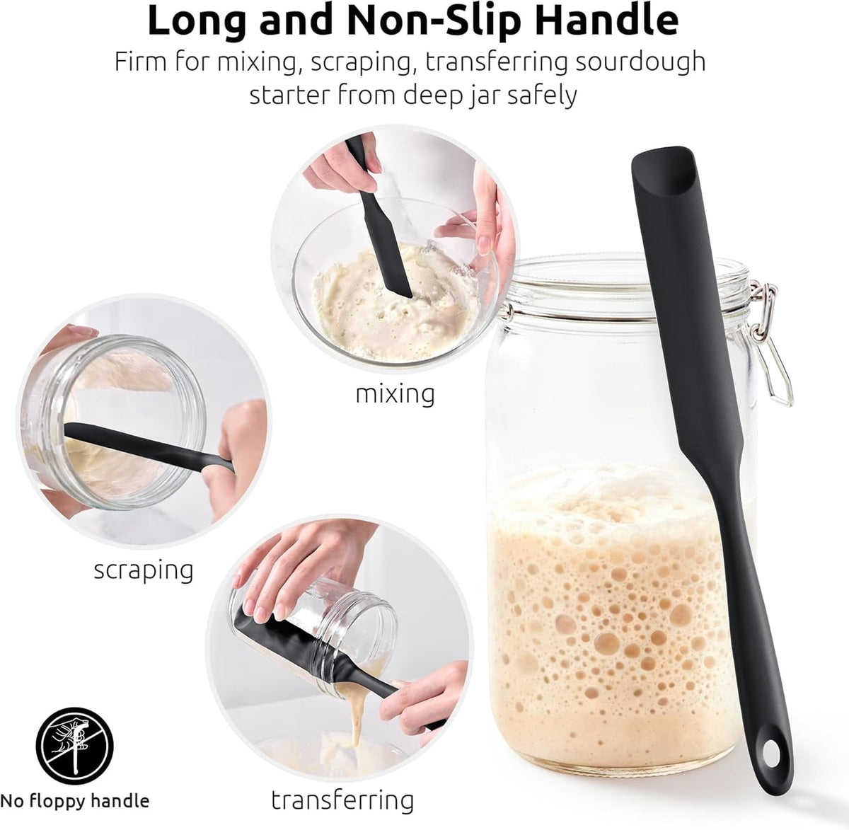 U-Taste Silicone Jar Scraper Spatula for Sourdough Starter: Long Skinny Food-Grade Jam Spreader, Sturdy Stirring Stick with Flexible Spoon Tip, Black
