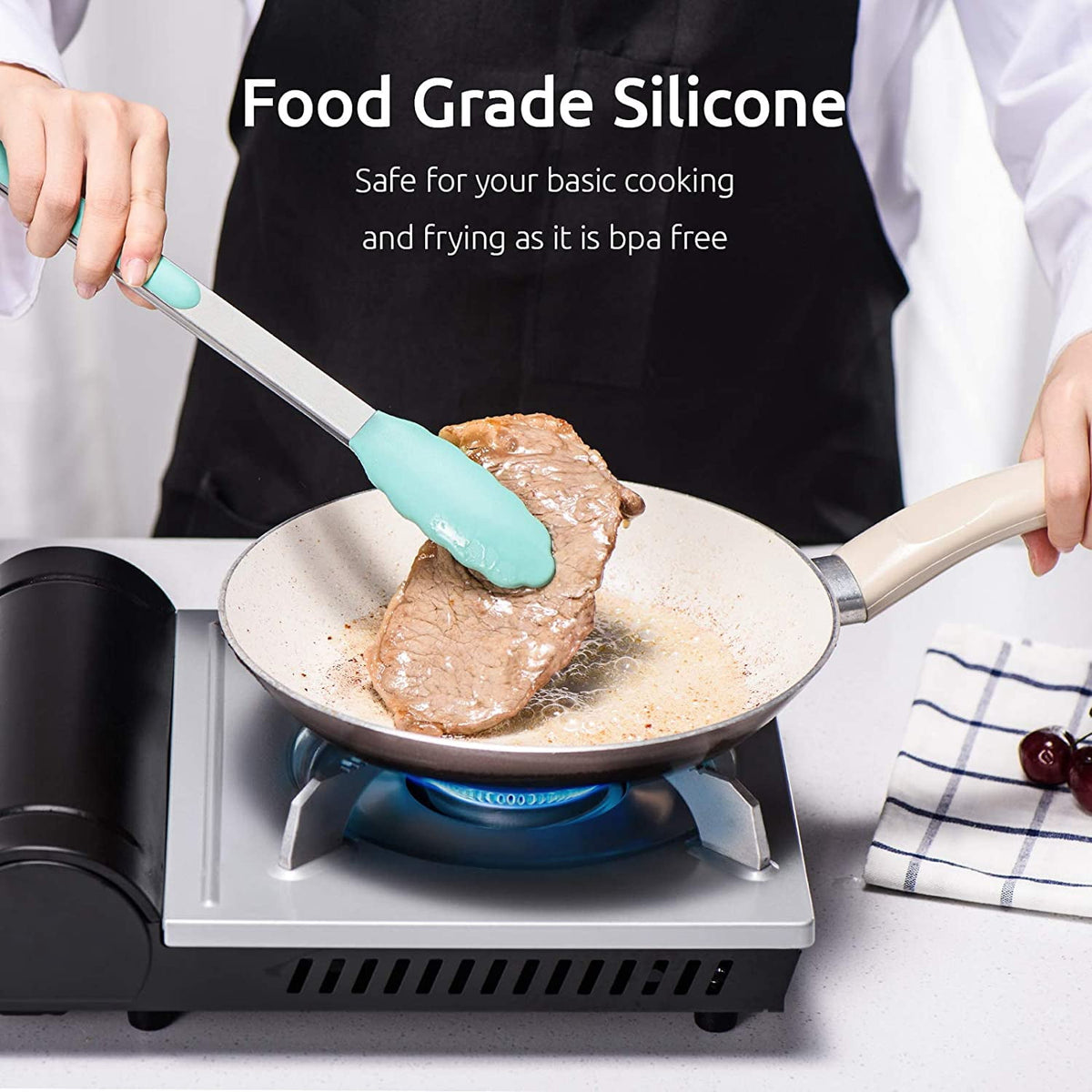 U-Taste 480ºF Heat-Resistant Kitchen Tongs for Cooking, Silicone Tong Utensils Set for Food Serving, Rubber Salad/Grill/BBQ Tongs, 7/9/12in, Aqua Sky