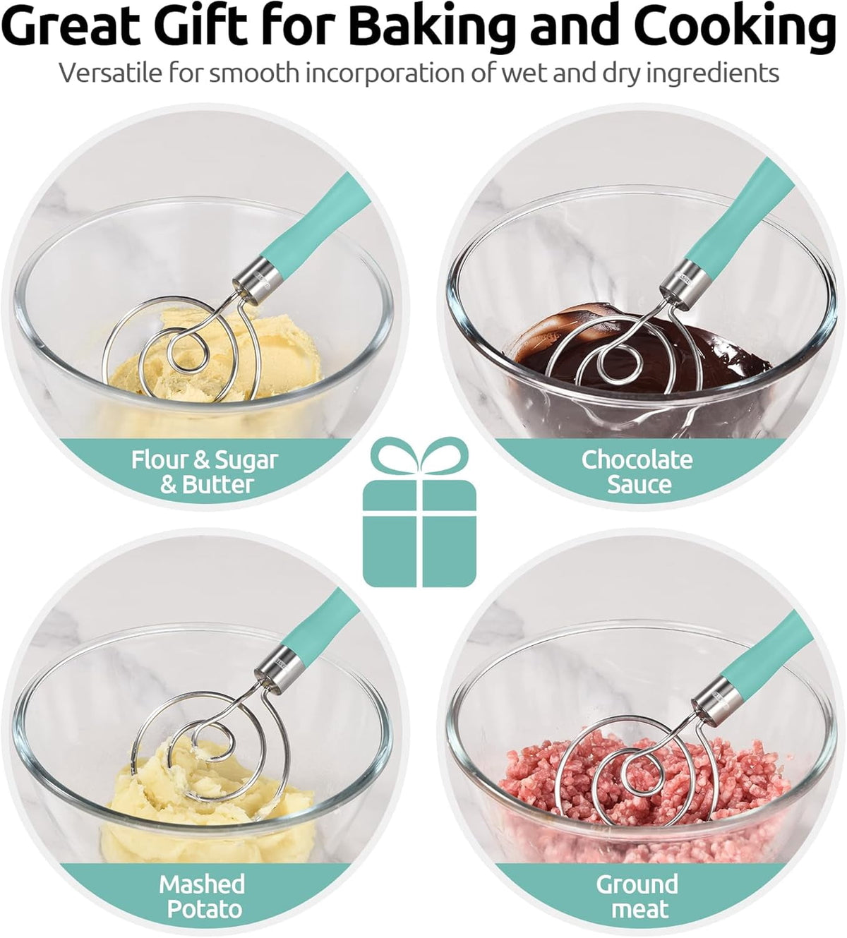 U-Taste Danish Dough Whisk, 18/8 Stainless Steel Sourdough Mixer Tool, Long Handle Dutch Bread Wisk for Mixing/Stirring/Kneading, 12.6in , Aqua Sky