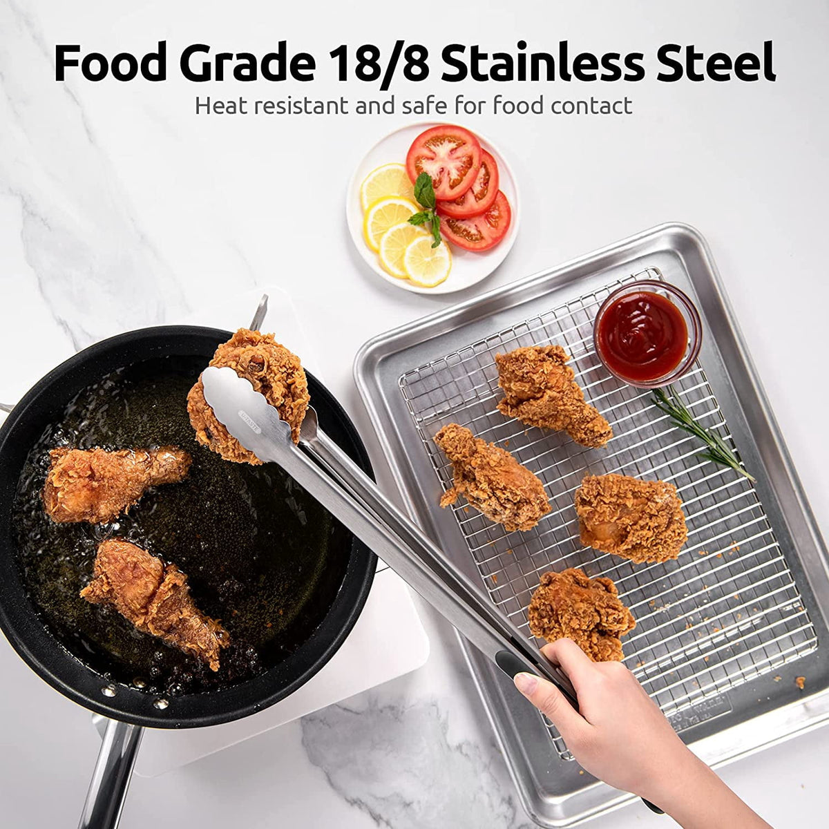 U-Taste 18/8 Stainless Steel Kitchen Tong for Cooking, Extra Long Large Food Tong for Outdoor BBQ Grilling, Non Slip Silicone Handle, 16in, Black